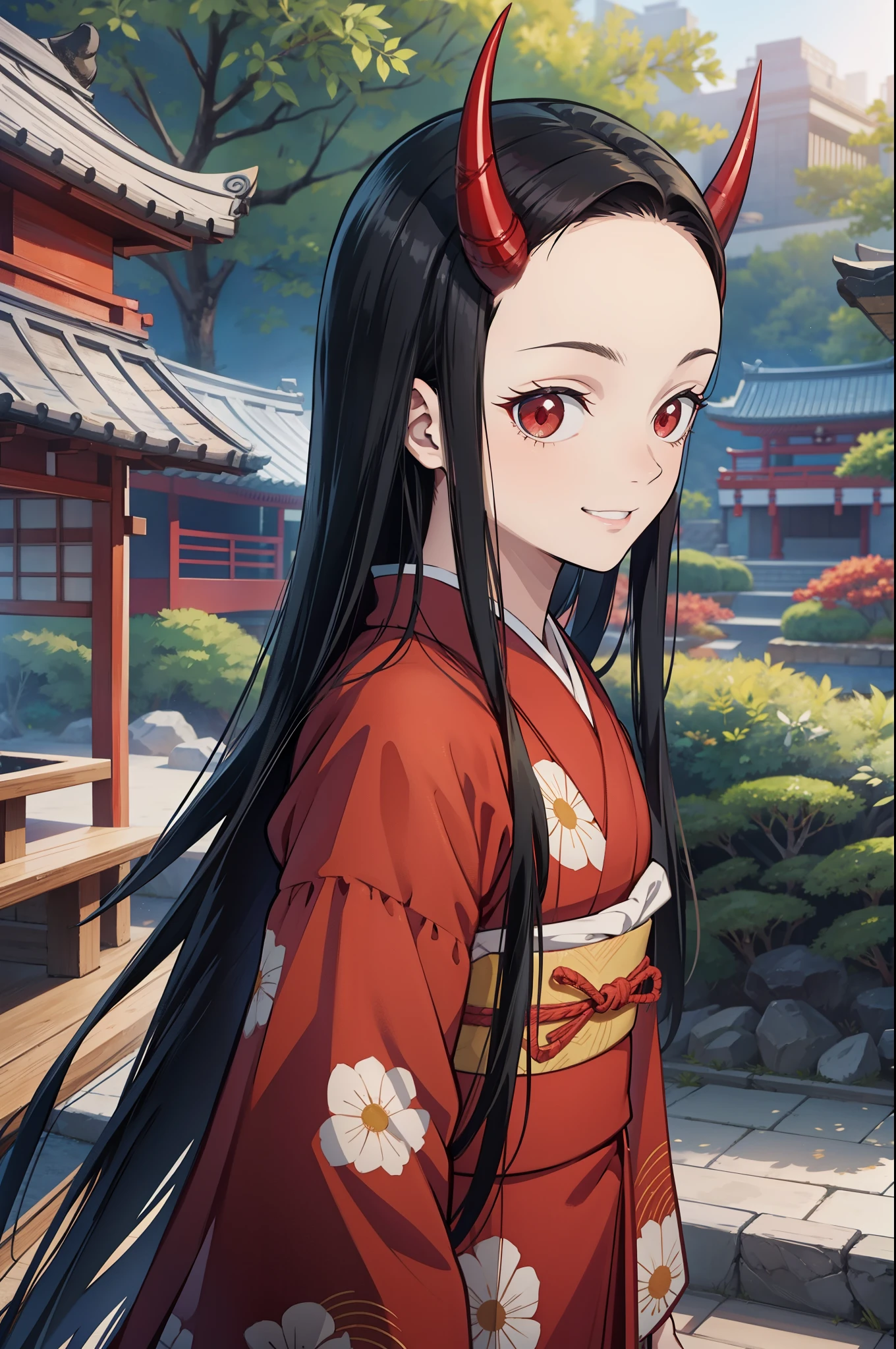 (masterpiece, best quality:1.2), kimetsu no yaiba style, kiyomi, (upper body, front view), (1girl, solo), (black long hair, straight hair, forehead), (red demon horns, red eyes), (loking at viewer, smile:1.1), kimono, (standing in the Japanese style garden, scenery)