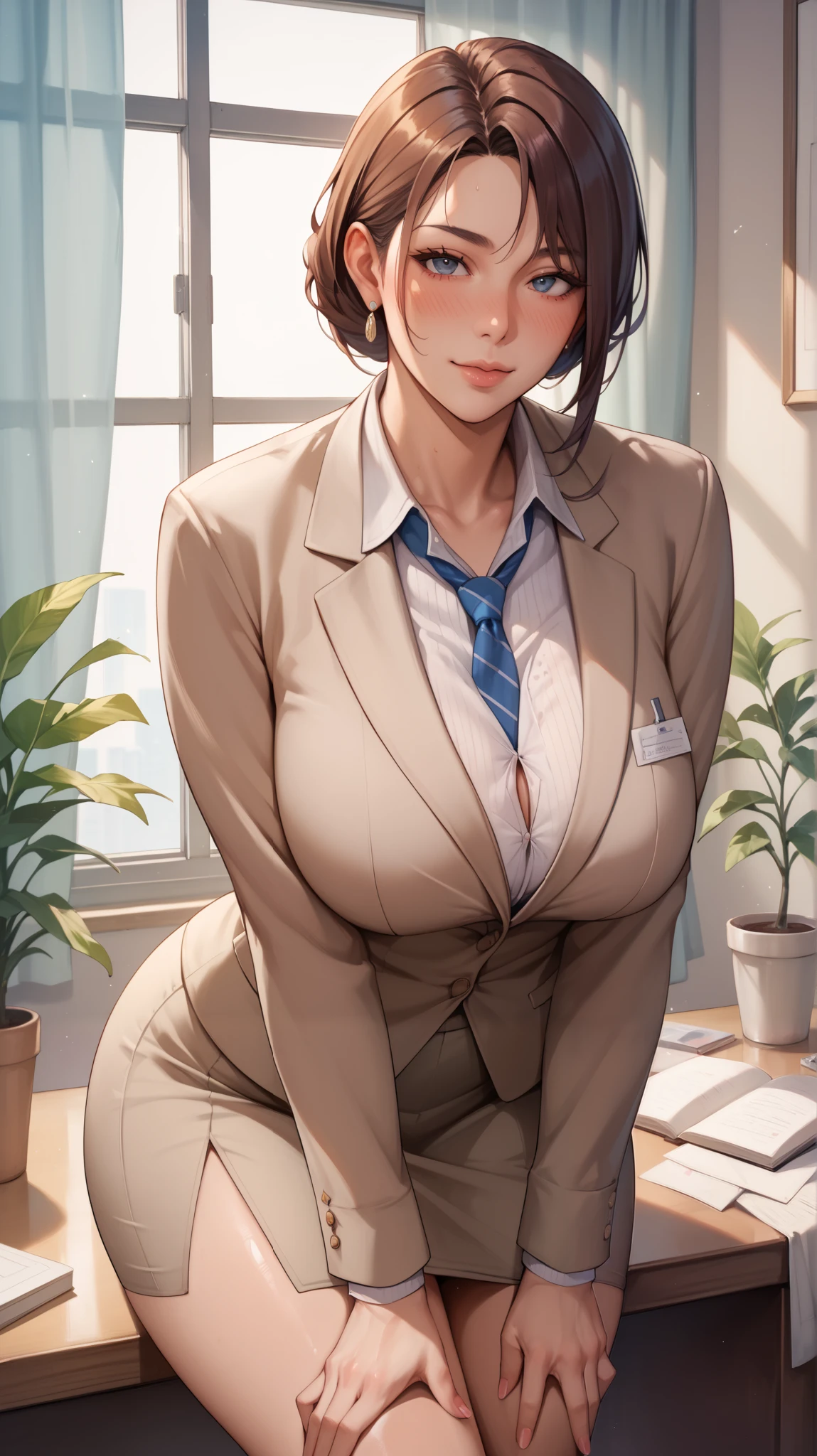 Browsing Caution, (Official Art、Highest quality、Unity 8k wallpaper、32k、masterpiece、Ultra-detailed、Ultra-high resolution、Realistic、Photorealistic:1.2)、(Natural soft light:1.2)、Fire Glow Effect、Film Grain、Best Shadow、Side light、Side Shot、(Highly detailed and intricate 3D rendering)、Beautiful face and eyes in every detail、Sharp pupils、Realistic pupils, nipples and breasts、smile、High heels、Woman in skirt and shirt sitting on the desk, Office Clothes, on the desk, Sit at a desk, Sitting at a desk,Bent knees、Spread your legs、Spread your legs、Panty shot、 Business casual attire, Sexy、Business Attire, At work, Wearing a suit and glasses, Fully clothed, business attire, Embarrassing, smile、business suit、Cleavage、Sexy、