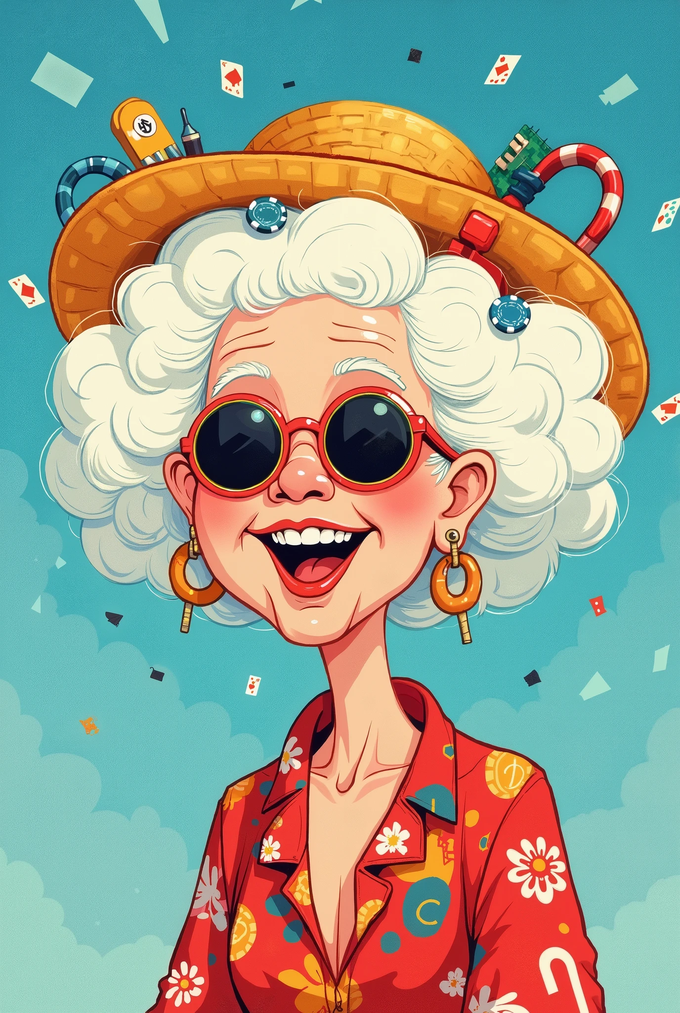 illustration, cartoon,Pixar,( masterpiece, Best Quality :1.2), 1 Chinese Grandma , is unique, white wavy hairstyle light and fluffy long hair,Poker发带,Poker毛衣,blue gradient pure background,in style of dieselpunk , design logo,in style of Light tracing , portrait,(Long Shot: 1.8), ( masterpiece, Best Quality : 1.2), (Flat vector: 1.3), 艺术概念illustration, Minimalist, Minimalist风格,), 一个开心的大笑的中国老奶奶的头上装饰着许多五颜六色的 拉杆箱和Poker,Poker,sunglasses,straw hat, banner, and hair with racing and track elements, with various patterns and fonts ( The neck blends with the scattered racetrack ), ( sports trail ), 彩虹巷奇幻illustration, evokes the charm of crazy racing . The background blends with her hair , Portrait patchwork with Chinese elements , for imaginative illustrations , Dream concept