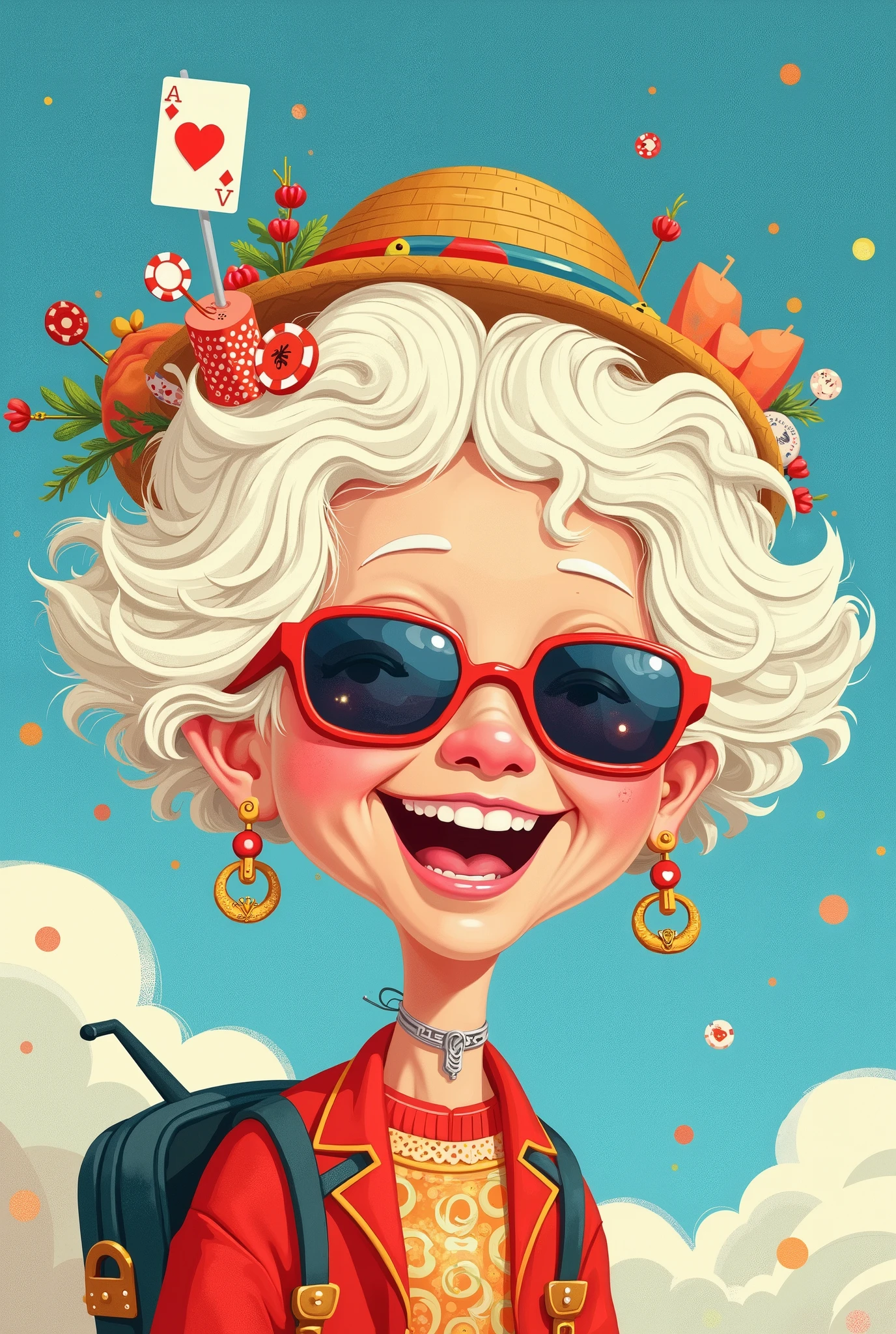illustration， cartoon，Pixar，( masterpiece,   Best Quality :1.2), 1 Chinese Grandma ,  is unique， white wavy hairstyle light and fluffy long hair，Poker发带，Poker毛衣，blue gradient pure background，in style of Dieselpunk ,  design logo，in style of Light tracing , portrait,(Long Shot: 1.8), ( masterpiece,  Best Quality : 1.2), (Flat vector: 1.3), 艺术概念illustration,  Minimalist,  Minimalist风格,), 一个开心的大笑的中国老奶奶的头上装饰着许多五颜六色的 拉杆箱和Poker，Poker，sunglasses，straw hat， banner,  and hair with racing and track elements,  with various patterns and fonts  ( The neck blends with the scattered racetrack ), ( sports trail ), 彩虹巷奇幻illustration,  evokes the charm of crazy racing .  The background blends with her hair , Portrait patchwork with Chinese elements ,  for imaginative illustrations , Dream concept 