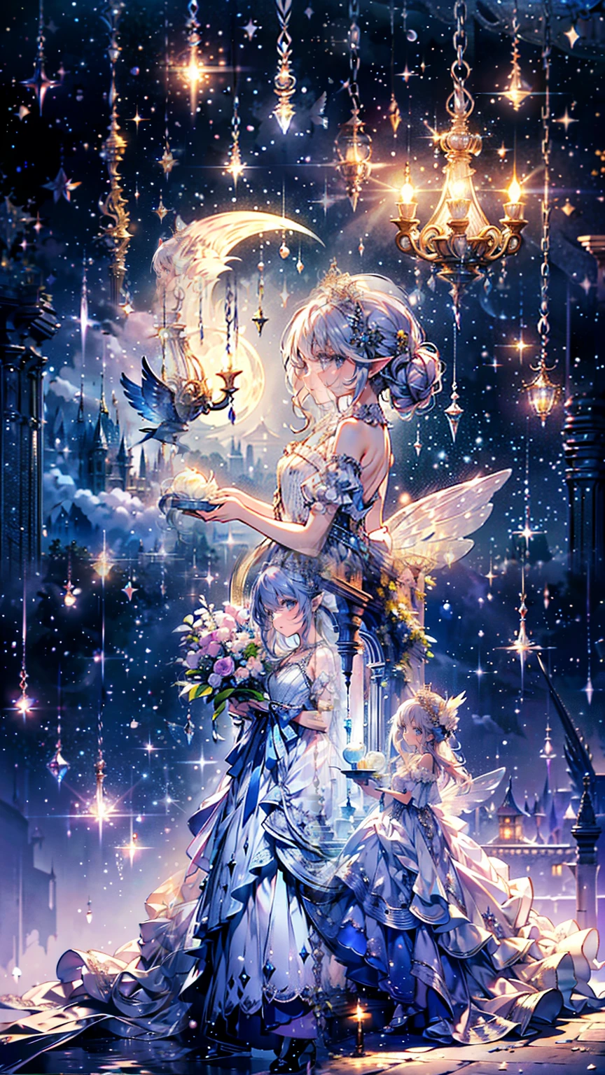 ( top quality, masterpiece, very detailed, very well detailed, exquisite, 16k,Full HD),Come a little closer, golden ratio, Dramatic Writing , pastel colors , silhouette , soft writing, ((From the side, alone:1.5)),(( is standing, Reach for the Sky :1.2)),(( Moonlight Night , crescent,Beautiful Moon)), starry sky ,meteor群,meteor,( Fairy Princess, purple eyes, long eyelashes, white skin, slim, pale pink thick lips , pale pink cheeks , the wind is blowing ,White fluffy hair,Thin and long,(Thin and high nose,small nose),( big fairy wings grow slightly above the waist.),Silver decoration, diamond tiara , Diamond Earrings , Diamond Earrings ,diamond choker,( silver ball gown dress :1.1), SILVER LACE AND FRILLS , ( fantasy, romantic atmosphere),