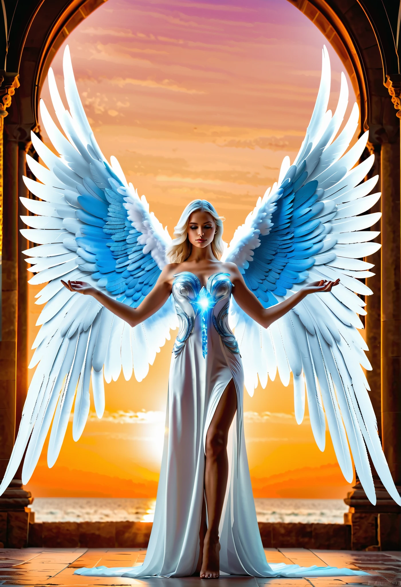 there is a woman in a white dress, holding a blue object , full-grained majestic angel, beautiful cyborg angel girl , big angel wings wide open , of the beautiful angel, Angel Knight Gothic Girl , an angel of morning light , Angel Knight Girl, angelic wings, ethereal wings, one angel, epic angel wings, angel girl , large white glowing wings