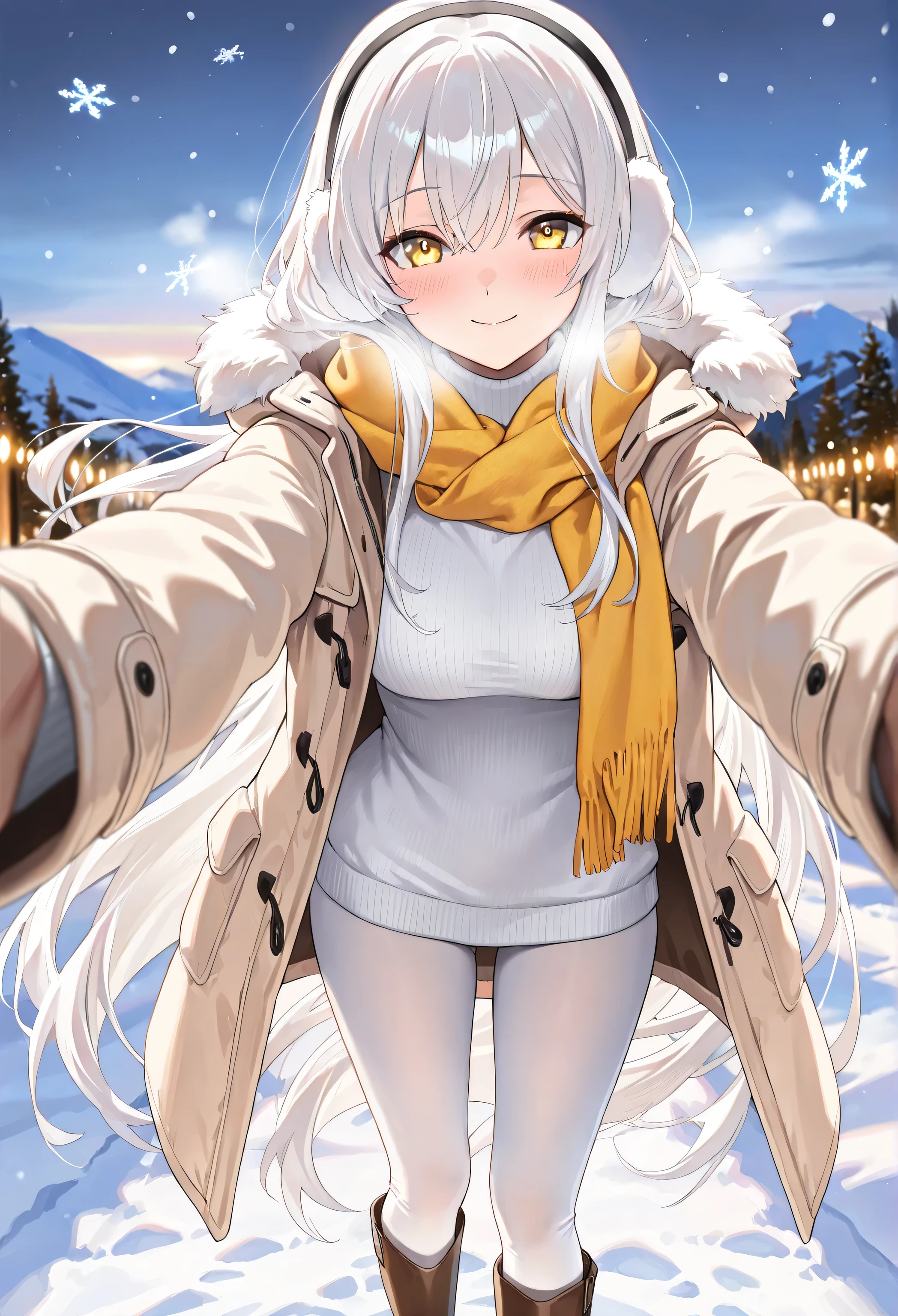 Anime girl with white hair and yellow scarf in the snow - SeaArt AI