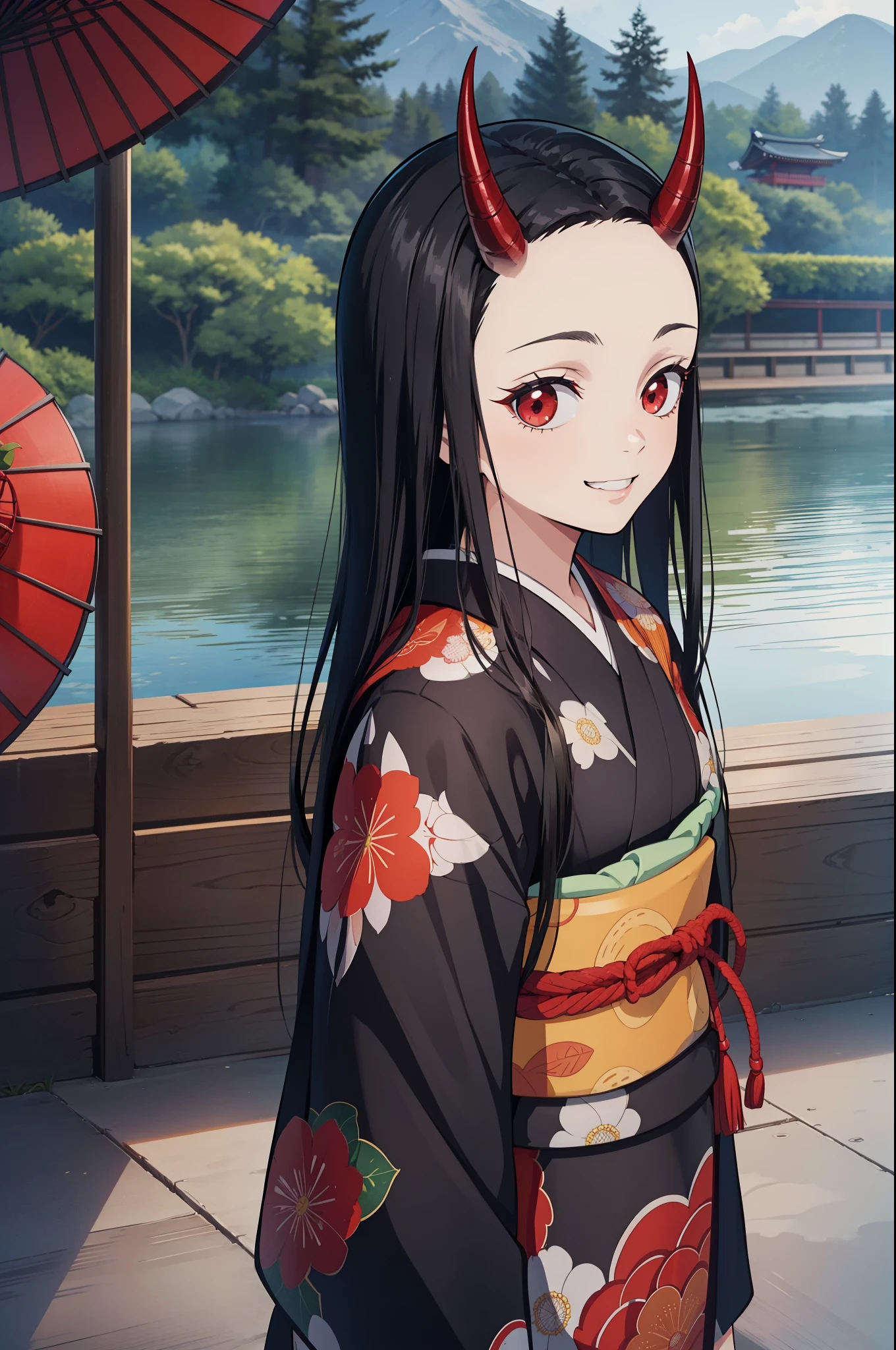 (masterpiece, best quality:1.2), kimetsu no yaiba style, kiyomi, (upper body, front view), (1girl, solo), (black long hair, straight hair, forehead), (red demon horns, red eyes), (loking at viewer, evil smile, grin:1.1), kimono, (standing in the Japanese style garden, scenery)