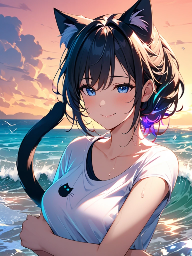 ,girl,Highest quality,Black Hair,Sunburn,blue eyes,Brown skin,Dark Skin,Very short hair,ponytail,Cat Eyes,Dog ears,Dog tail,Double teeth,Flat Chest,White tank top,Shorts,Wet with water,Clear Stream,See-through in water,river,Water Play,naked,