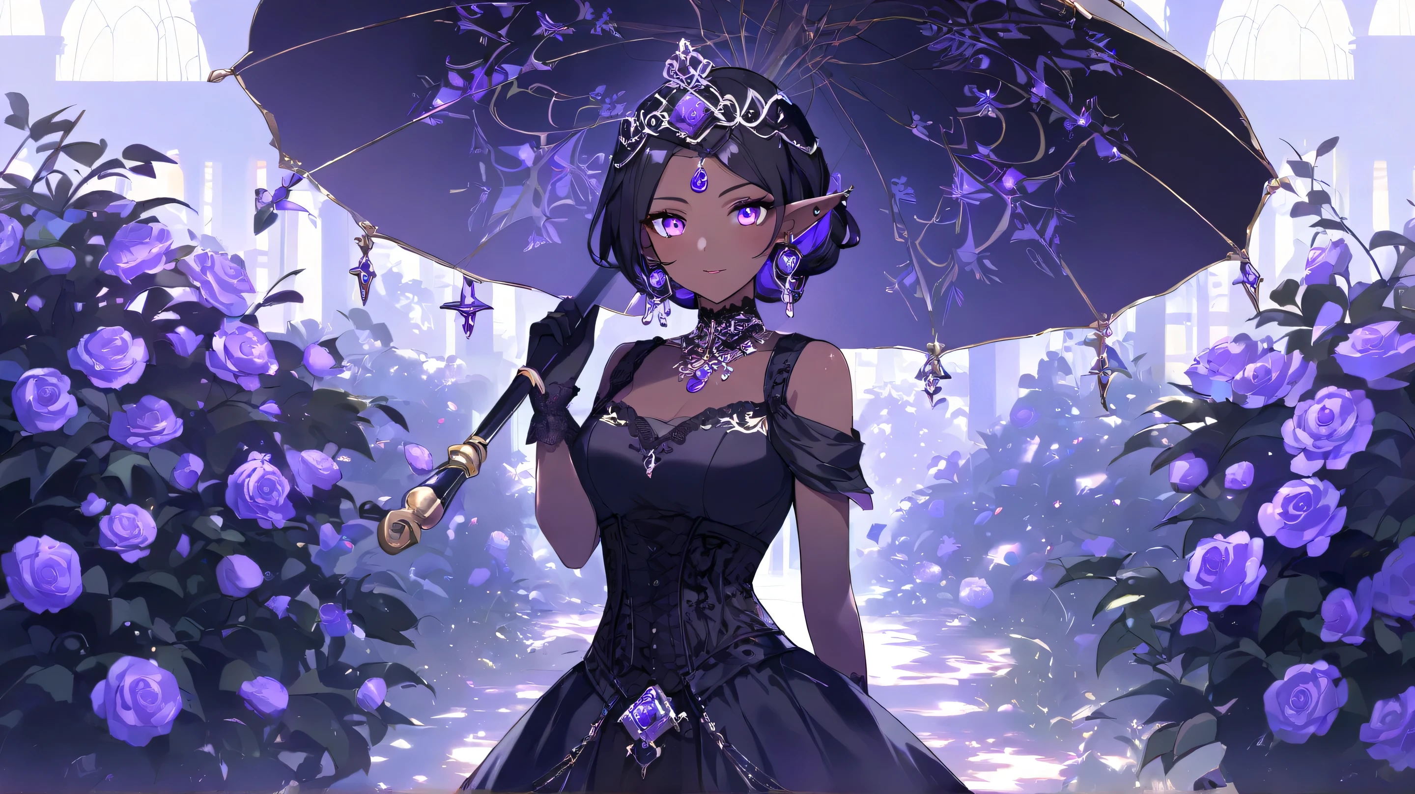 Masterpiece, Best Quality, A stunning dark elf woman with long, wavy silver and black hair, dressed in an elegant gothic fantasy outfit. She has piercing violet eyes and pointed ears adorned with intricate jewelry. She wears a black lace choker with a glowing purple gemstone, matching her headpiece and earrings. Her outfit consists of a black corset with delicate white lace accents, complemented by black gloves. She gracefully holds a black parasol, standing amidst a garden of vibrant purple roses. The soft ambient lighting creates a dreamy, mystical atmosphere, with light filtering through the foliage, casting elegant shadows on her face and attire.