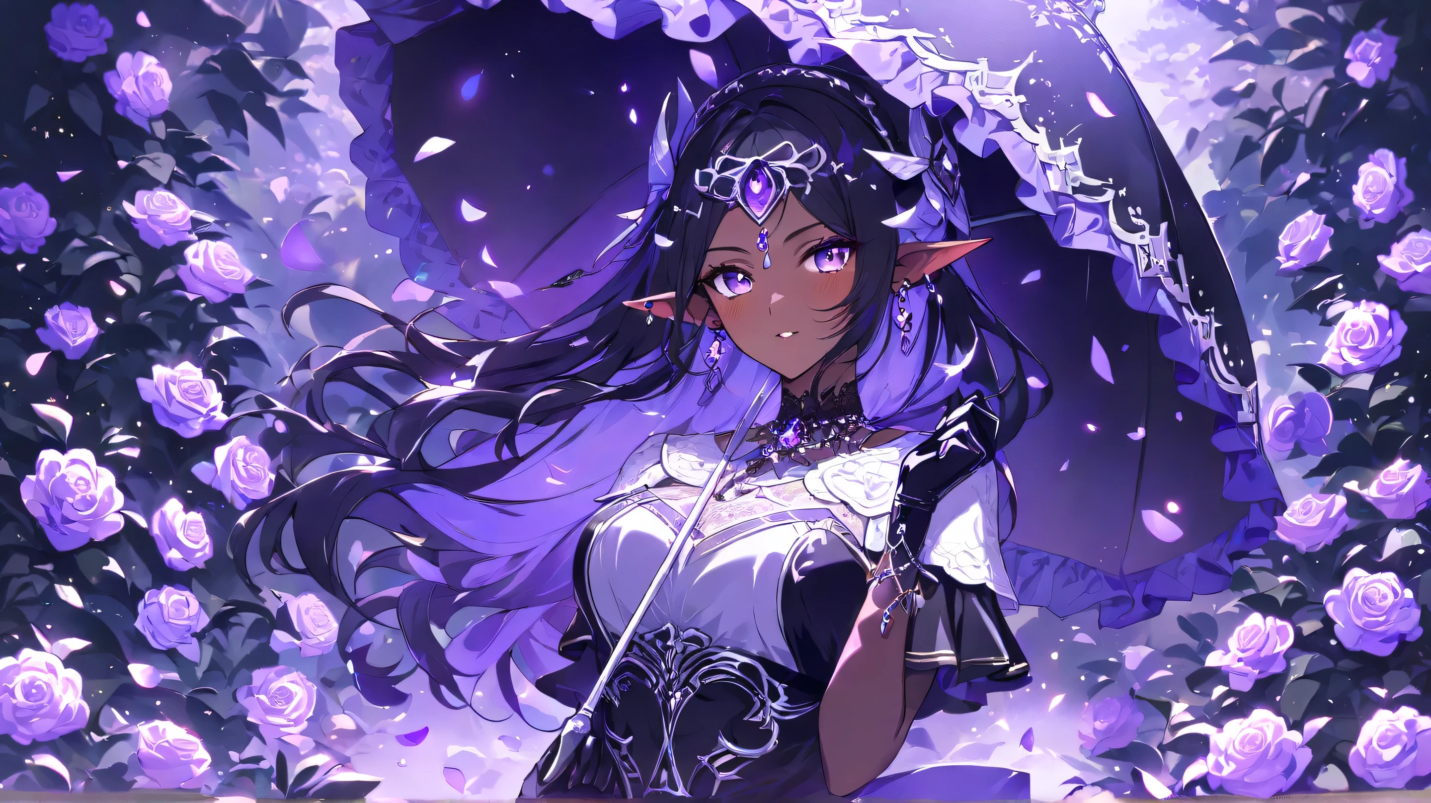 Masterpiece, Best Quality, A stunning dark elf woman with long, wavy silver and black hair, dressed in an elegant gothic fantasy outfit. She has piercing violet eyes and pointed ears adorned with intricate jewelry. She wears a black lace choker with a glowing purple gemstone, matching her headpiece and earrings. Her outfit consists of a black corset with delicate white lace accents, complemented by black gloves. She gracefully holds a black parasol, standing amidst a garden of vibrant purple roses. The soft ambient lighting creates a dreamy, mystical atmosphere, with light filtering through the foliage, casting elegant shadows on her face and attire.