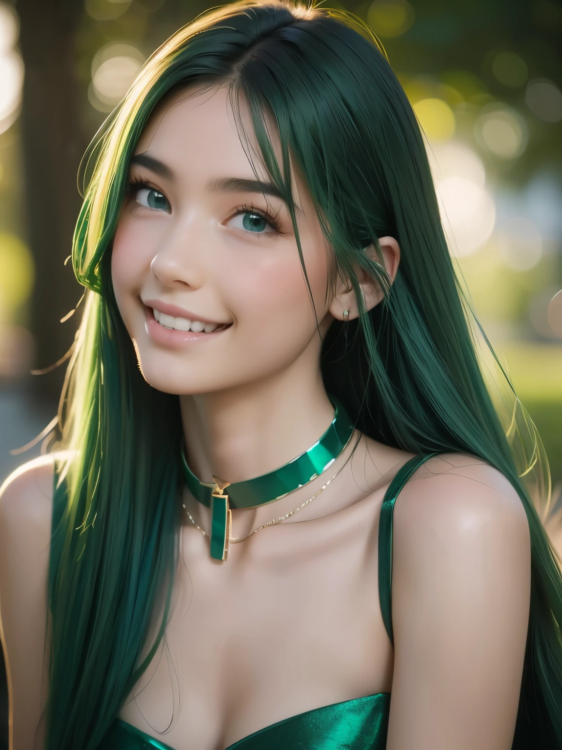 1girl, alone, solitary, high quality, (best quality,4k,8k,highres,masterpiece:1.2),ultra-detailed,(realistic,photorealistic,photo-realistic:1.37),gorgeous hair,emerald hair,long straight hair with bangs,sharp eyes,mole under the eye,plump lips,jewelry,(high detailed skin:1.4),(rim lighting:1.3),(lit:1.3),(sunny day:1.3),portrait,beautiful lips,waist-length hair,seductive gaze,moles,casual clothes,colorful clothing,close up,super long hair,choker necklace,tattoos,tattooed,light eyes,bangs,fringe,20 year old,dimples on the cheeks,dimples,beautiful smile,perfect teeth,straight teeth,perfect sized teeth,dazzling smile,emerald green hair,greenhair,green hair,bright emerald hair,emerald,emerald hair