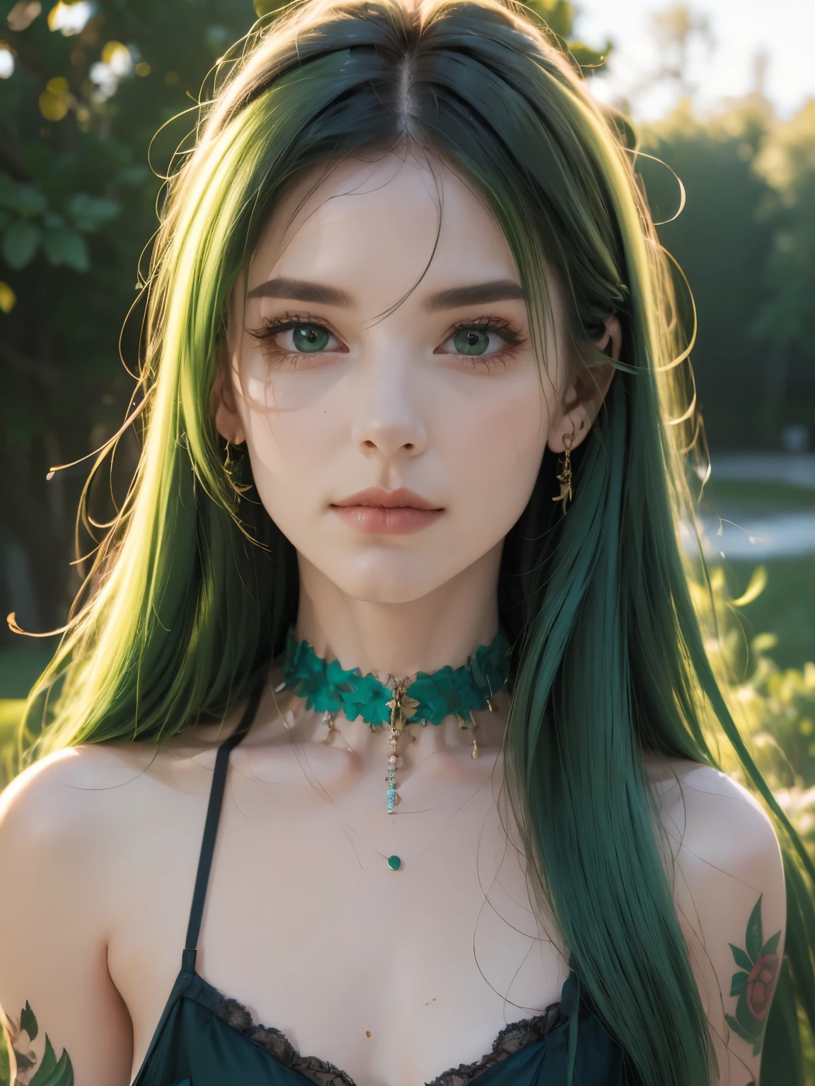 1girl, alone, solitary, high quality, (best quality,4k,8k,highres,masterpiece:1.2),ultra-detailed,(realistic,photorealistic,photo-realistic:1.37),gorgeous hair,red hair,red long curly hair with bangs,sharp eyes,mole under the eye,plump lips,jewelry,(high detailed skin:1.4),(rim lighting:1.3),(lit:1.3),(sunny day:1.3),portrait,beautiful lips,waist-length hair,seductive gaze,moles,casual clothes,colorful clothing,close up,super long hair,choker necklace,tattoos,tattooed,light eyes,bangs,fringe,20 year old,dimples on the cheeks,dimples,emerald green hair,sharp eyebrows,greenhair,green,emerald green hair,bright green hair,lace,elegant