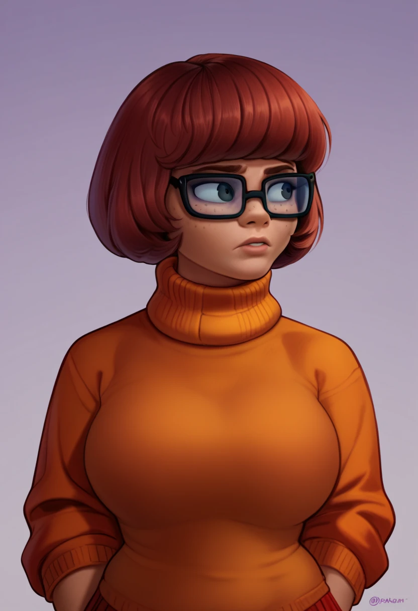 score_9, score_7_up, 1girl, solo, velma dace dinkley, portrait, turtleneck sweater, purple background, gradient background, freckles, large breasts, looking to the side,