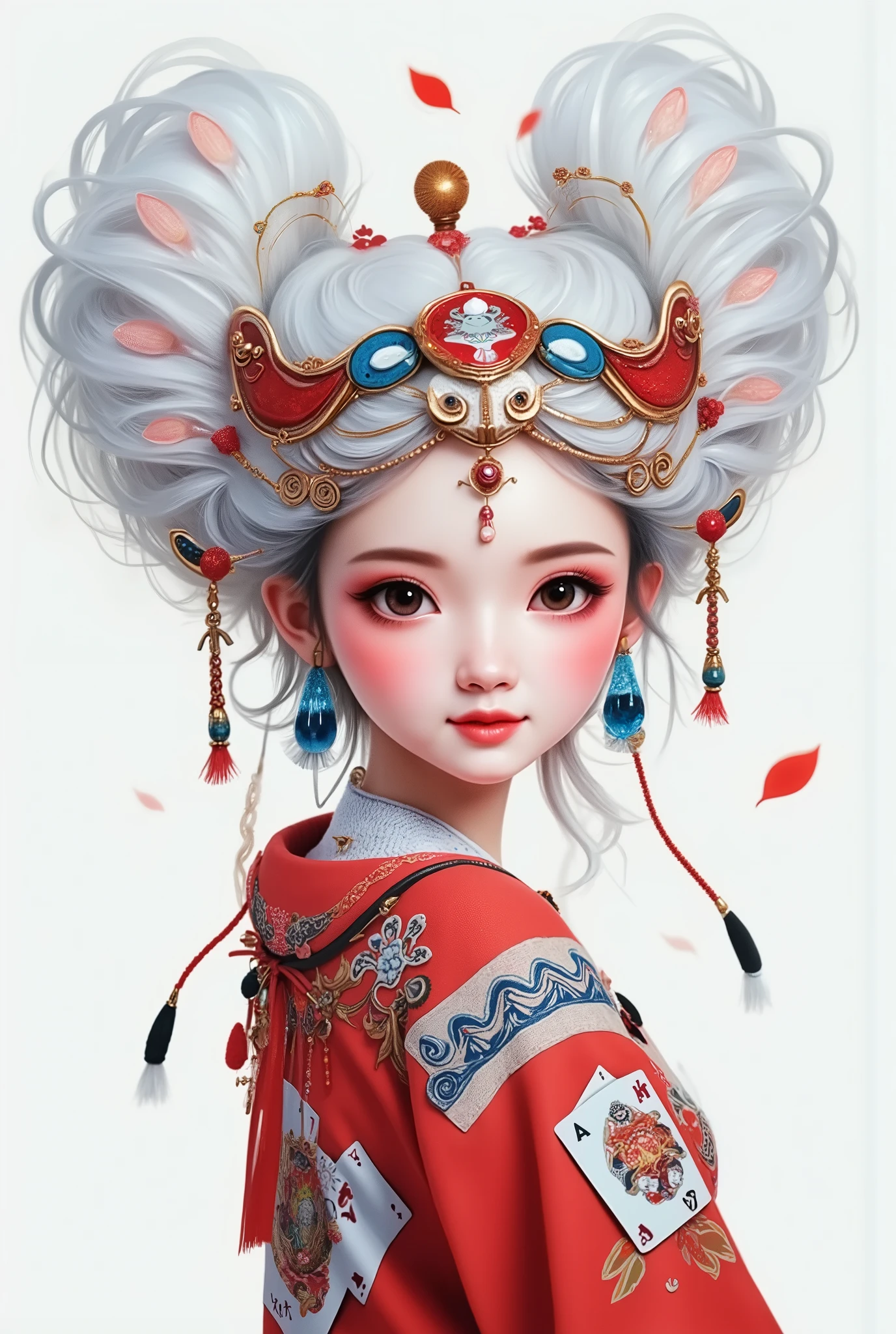 illustration， cartoon，Pixar，( masterpiece,   Best Quality :1.2), 1 Chinese Grandma ,  is unique，white wave hairstyle ， Light and Fluffy Long Hair ，扑克牌发带，扑克牌毛衣，pure background ， in style of Dieselpunk , 