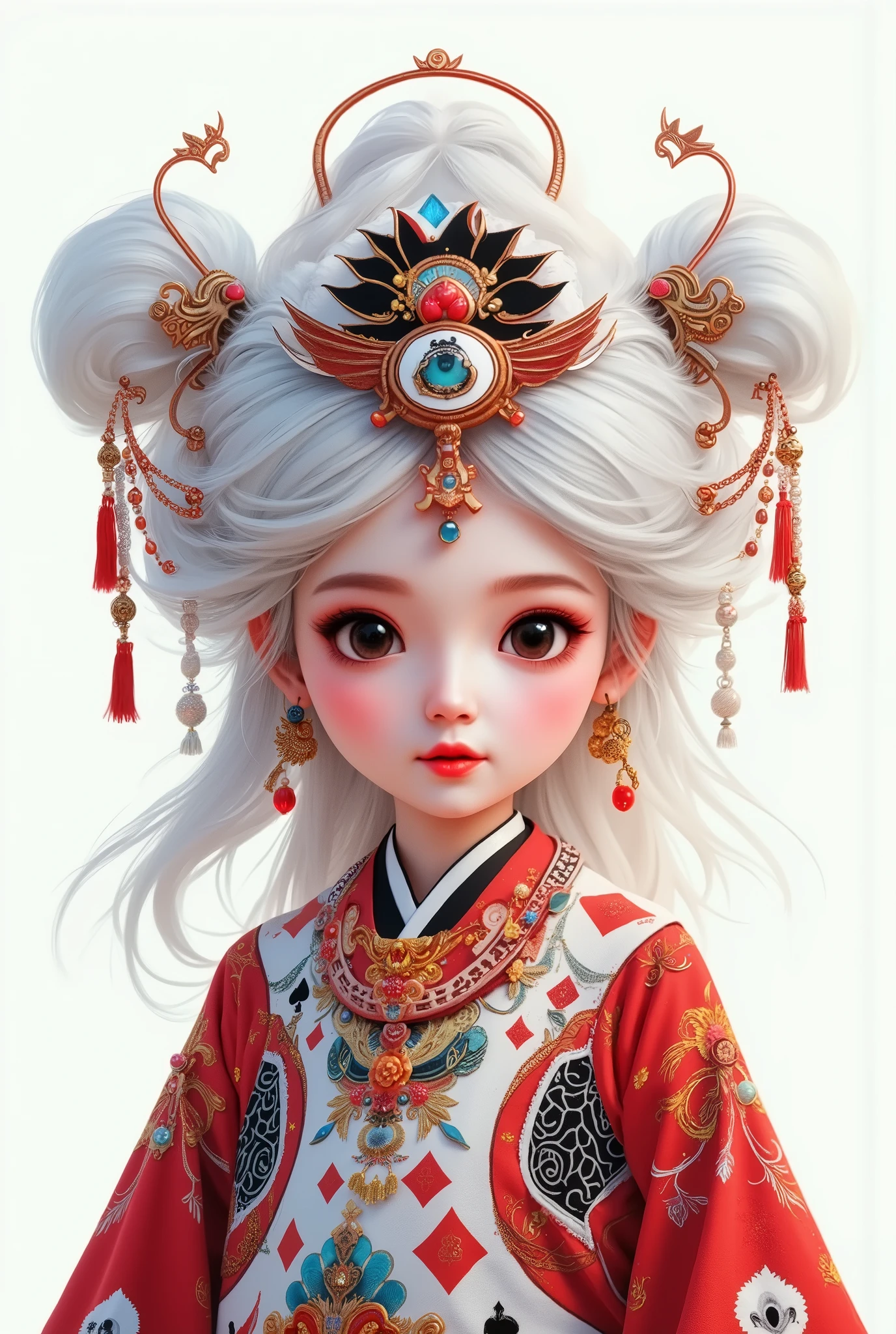 illustration， cartoon，Pixar，( masterpiece,   Best Quality :1.2), 1 Chinese Grandma ,  is unique，white wave hairstyle ， Light and Fluffy Long Hair ，扑克牌发带，扑克牌毛衣，pure background ， in style of Dieselpunk , 