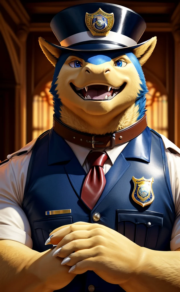 Solo, Male, fat, squatting, extremely obese, gentleman, dapper Typhlosion, pooping in diaper, blue eyes, (soft shading), 4k, hi res, ((detailed face, detailed)), looking at viewer, evil grin, Airport, TSA, TSA Uniform, collared shirt with buttons, hat, male focus, Police Uniform, glasses, monocle, vest with buttons, sleeves rolled up, round eyewear, headwear, vest, Typhlosion is wearing a glossy leather dog collar around the neck, Typhlosion is wearing the leather collar and shirt and vest at the same time, Typhlosion is wearing glossy white rubber gloves on the hands, wearing white rubber gloves on the feet, gloves are rubber in texture, mouth wide open, evil laugh, rubbing diaper with hands, leather collar is glossy and shiny with a lot of detail, Typhlosion is wearing gloves and leather collar at the same time, leather collar has a round dog-tag, leather collar is thick and detailed, white rubber gloves on the feet, Typhlosion is wearing gloves and leather collar at the same time, leather collar has a round dog-tag, leather collar is thick and detailed, leather collar is glossy and shiny, fancy clothing, dapper vest, dapper shirt, leather collar is thick, glossy leather collar, Typhlosion is wearing a dirty diaper, hands inside diaper taking poop out.