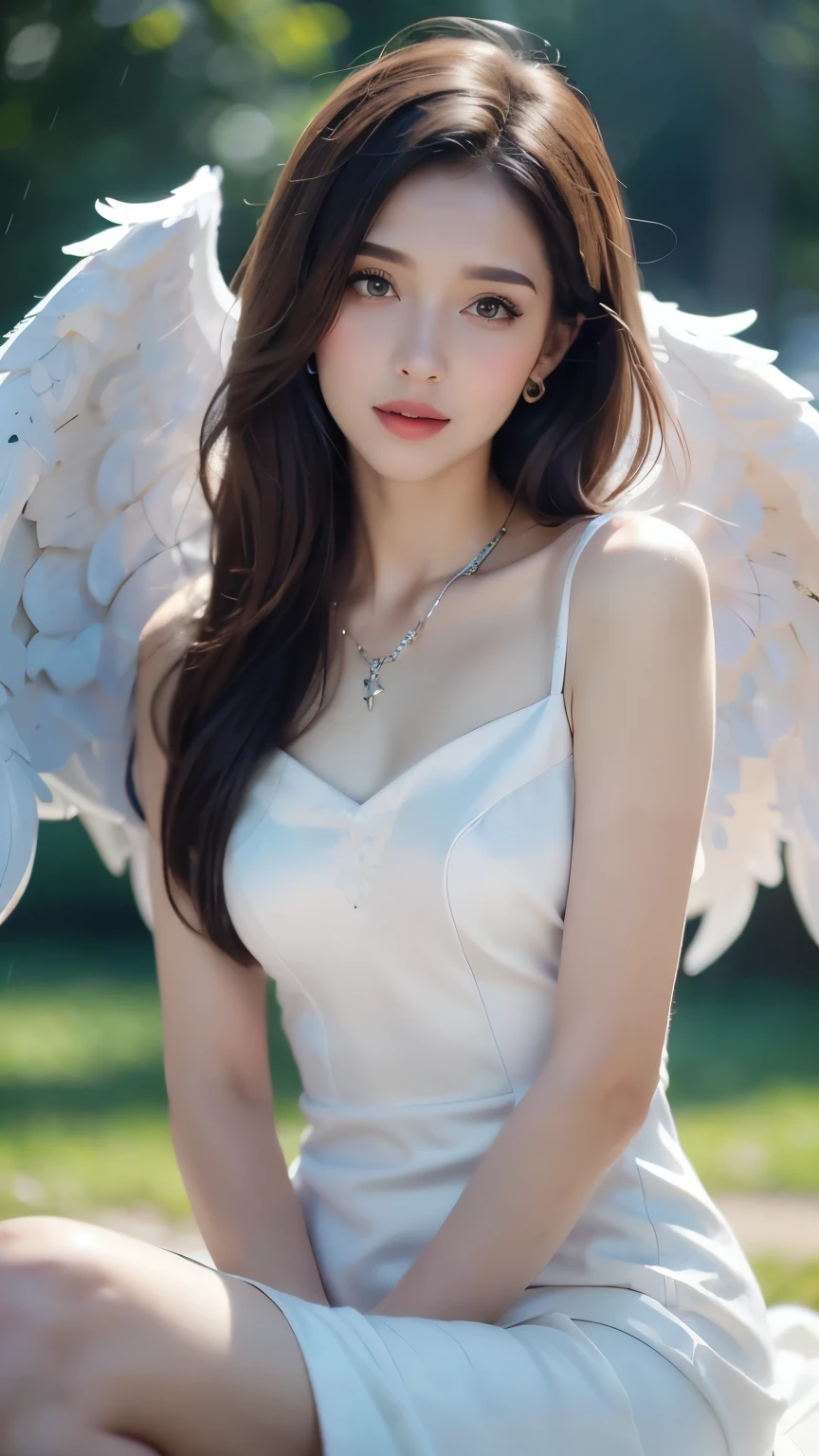 8k ultra hd, mastermiece, a girl, (good face:1.4), detailed, eyes, beautiful lips, very hong hair, spreading hair, small curve breasts, (angel dress:1.5), (white dress:1.5), necklace, wings, in the park, flying birds, glowing:1.5, rainy weather, sitting,