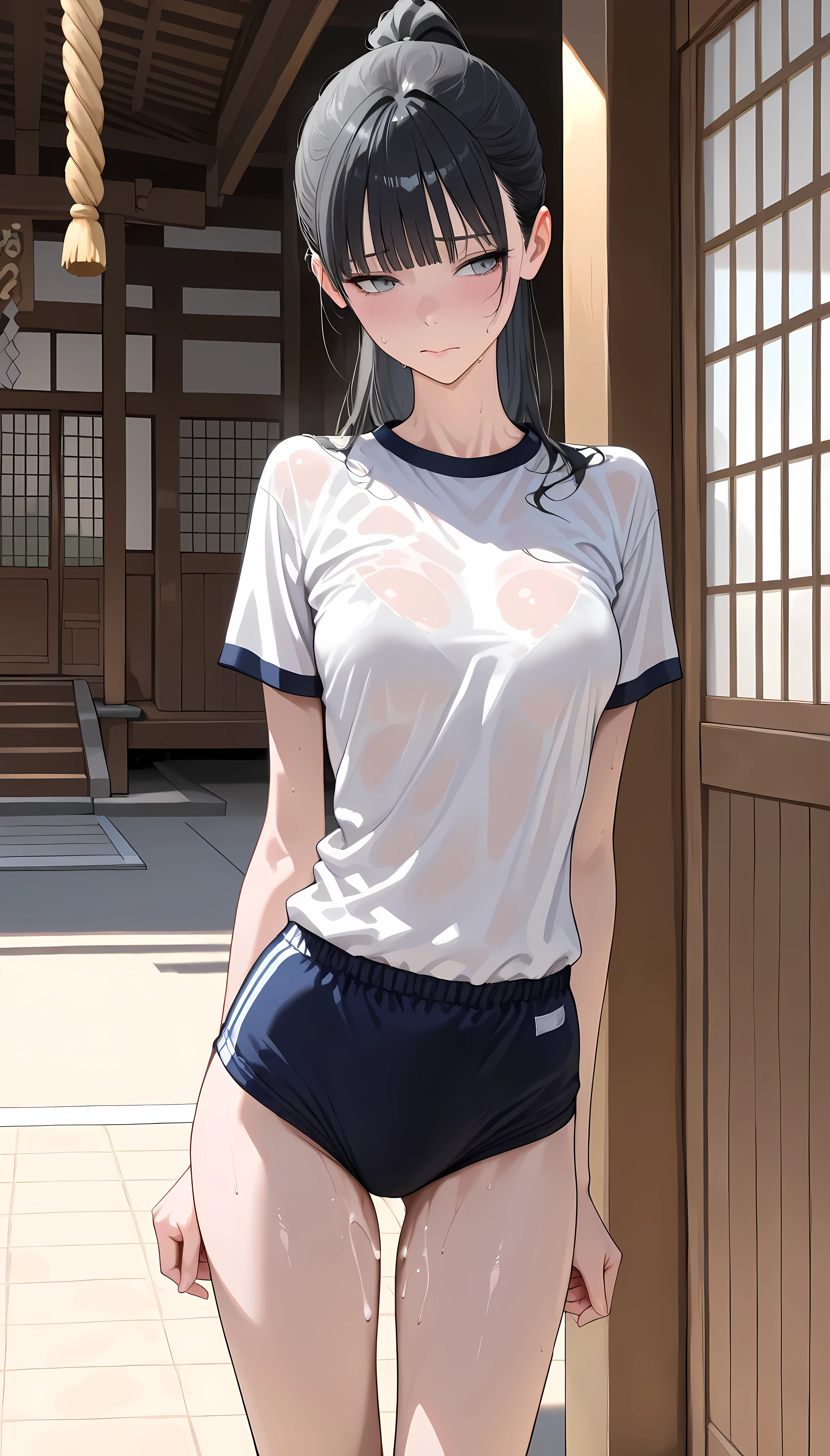 (masterpiece,best quality:1.2,amazing quality,very aesthetic,absurdres,newest,realistic),1woman,(adult:1.2),after sex,(very small head:1.2),medium breasts,(ideal ratio body proportions:1.2,slender body:1.2,skinny:1.2),high ponytail,long hair,black hair,blunt bangs,gray eyes,shy,sweat,white T-shirt,school gym dark blue buruma,shrine,standing,