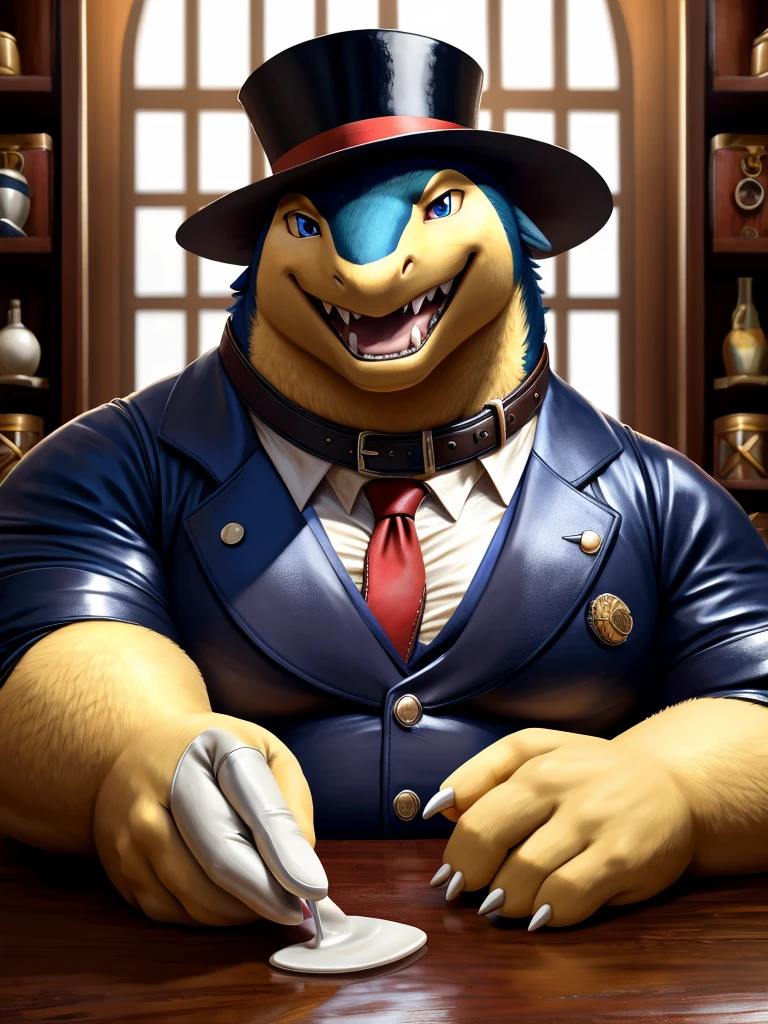 Solo, Male, fat, extremely obese, gentleman, dapper Professor Typhlosion, blue eyes, (posing:1.3), (soft shading), 4k, hi res, ((detailed face, detailed)), looking at viewer, mouth wide open, steampunk, dapper clothing, collared shirt with buttons, top hat, male focus, Explorer Outfit, glasses, monocle, vest with buttons, sleeves-rolled-up, round eyewear, brown headwear, brown vest, office, Typhlosion is wearing a glossy leather dog collar around the neck, Typhlosion is wearing the leather collar and shirt and vest at the same time, Typhlosion is wearing glossy white rubber gloves on the hands, wearing white rubber gloves on the feet, gloves are rubber in texture, clenching teeth, clenching fists, leather collar is glossy and shiny with a lot of detail, Typhlosion is wearing gloves and leather collar at the same time, leather collar has a round dog-tag, leather collar is thick and detailed, leather collar is glossy and shiny, fancy clothing, dapper vest, dapper shirt, leather collar is thick, glossy leather collar, leather collar is thick and glossy.