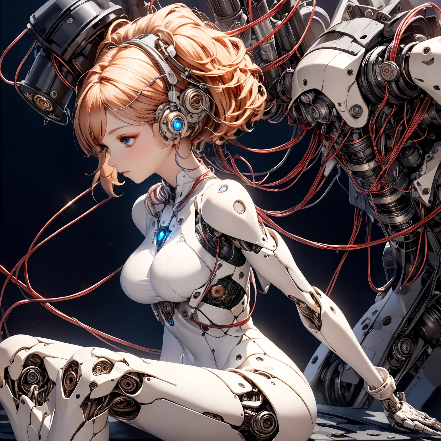 (((masterpiece))), (((Highest quality))), ((Very detailed)), (Highly detailed CG illustrations), ((Very delicate and beautiful)),(Cute and delicate face),Light,((1. Machine Girl)),alone,whole body,(Machine made joints:1.4),((Mechanical Limbs)),(Muscle swelling),(The container is connected to a tube),(Brain in a container:1.3),((Mechanical vertebrae attached to the back)),((Mechanical cervical spine attached to the neck)),((Sitting)),poker face,(Wires and cables attached to head and body:1.5),Small breasts,short hair,(Character Focus),SF,Lying down,Dark shortcuts,Centering shortcuts,A devastated society,alone,