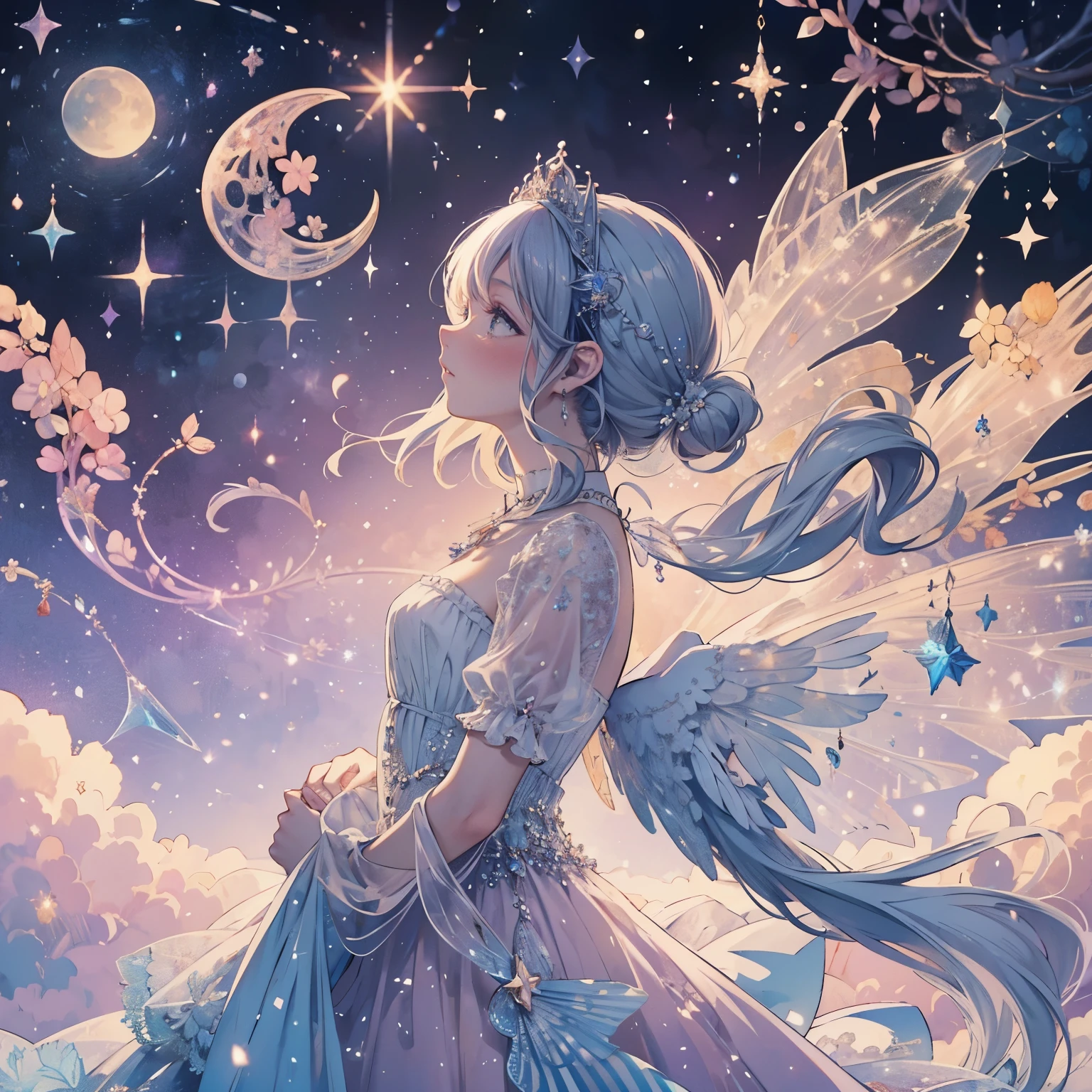 ( top quality, masterpiece, very detailed, very well detailed, exquisite, 16k,Full HD),Come a little closer, golden ratio, Dramatic Writing , pastel colors , silhouette , soft writing, ((From the side, alone:1.5)),(( is standing, Reach for the Sky :1.2)),(( Moonlight Night , crescent,Beautiful Moon)), starry sky ,meteor群,meteor,( Fairy Princess, purple eyes, long eyelashes, white skin, slim, pale pink thick lips , pale pink cheeks , the wind is blowing ,White fluffy hair,Thin and long,(Thin and high nose,small nose),( big fairy wings grow slightly above the waist..),Silver decoration, diamond tiara , Diamond Earrings , Diamond Earrings ,diamond choker,( silver ball gown dress :1.1), SILVER LACE AND FRILLS , ( fantasy, romantic atmosphere),