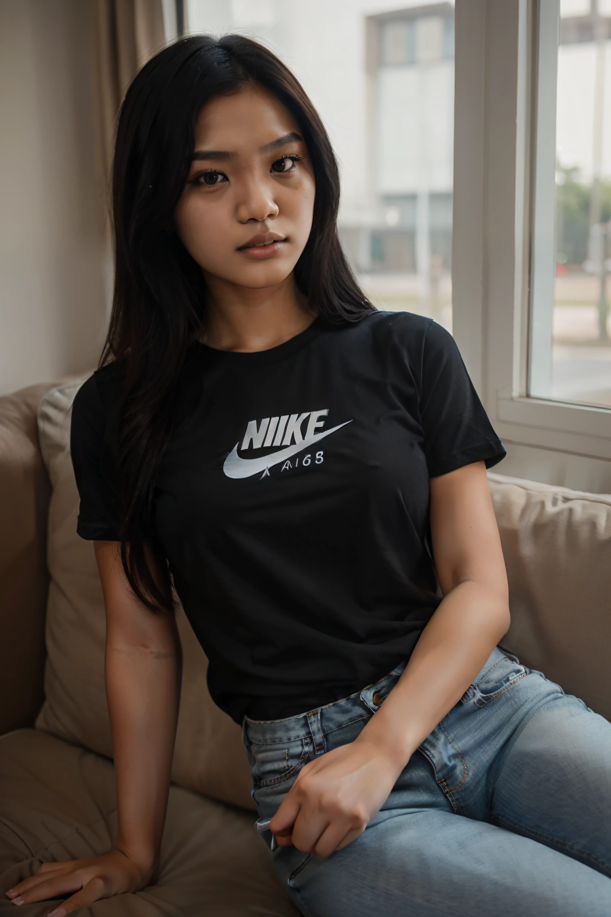 Girl with dark brown eyes black hair holding a bag in her hand in the bag an apple symbol the girl is holding a state-of-the-art iPhone cell phone the girl is wearing a black t-shirt on this t-shirt has a drawing written Isaac phone the girl is going to work