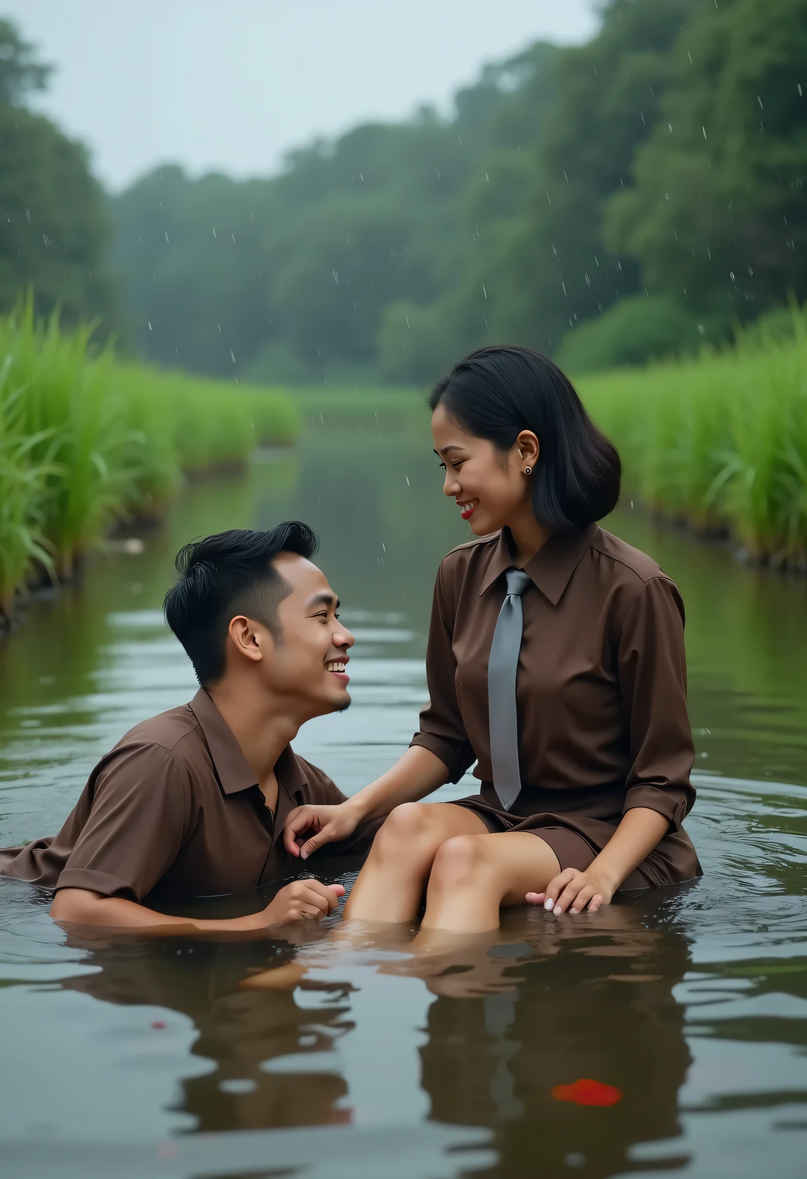 romantic couple. an Indonesian man lying on river, it is raining On the right and left sides of the river, there are lush grass, laughing cheerfully, there was a woman sitting smilling is seento try to bite the zipper of the man's pants with her teeth. in indonesian high school uniforms with white tops and gray bottoms, blank gray tie. 4k. ray tracing. high resolution realistic