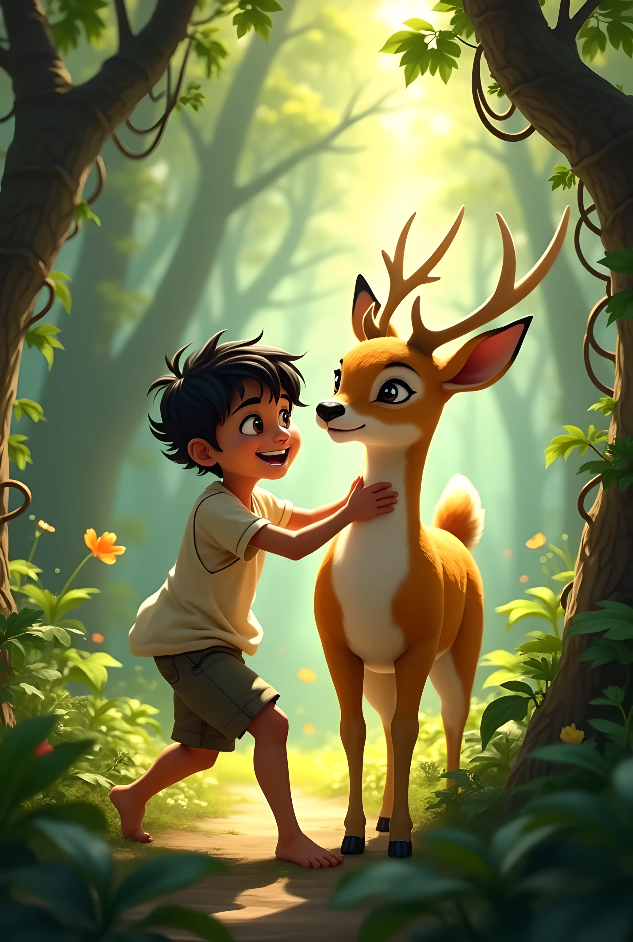 A lush forest with sunlight filtering through the trees. In the foreground, a young, poor boy named Ramoo is kneeling beside a wounded deer. The deer looks grateful, while Ramoo's face shows concern and kindness.