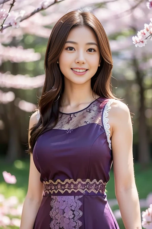 High resolution 8k、Soft Light、1 female、solo、Hip Up、View Viewer、(Detailed face)、Long Hair、Light brown-black hair、Purple tank top and skirt、Cleavage、Medium Bust、Smiling with a nice smile、Autumn leaves in the background、Make a stylish pose、