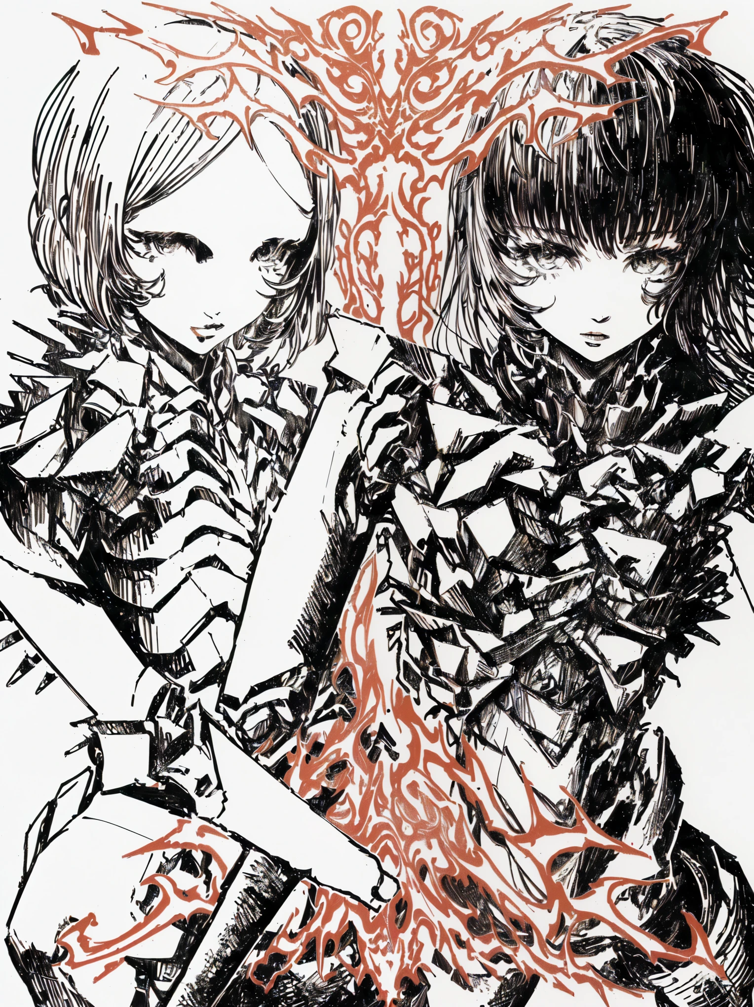 Demon girl with horn and short hair with manga theme of black and white