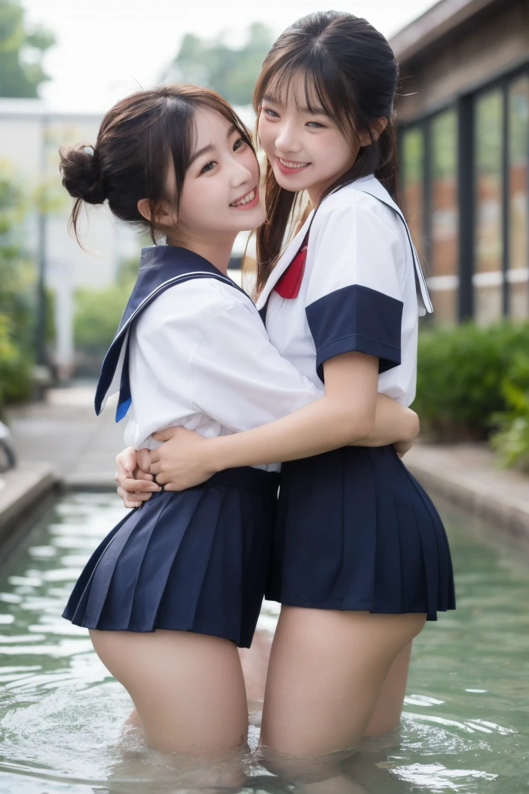 2 girls standing in school yard,short-sleeved white sailor one-piece swimsuit with navy blue speedo briefs,student bag,18-year-old,bangs,a little smile,thighs,knees,short hair with low pigtails bunches with red ribbon bow,from below,front light