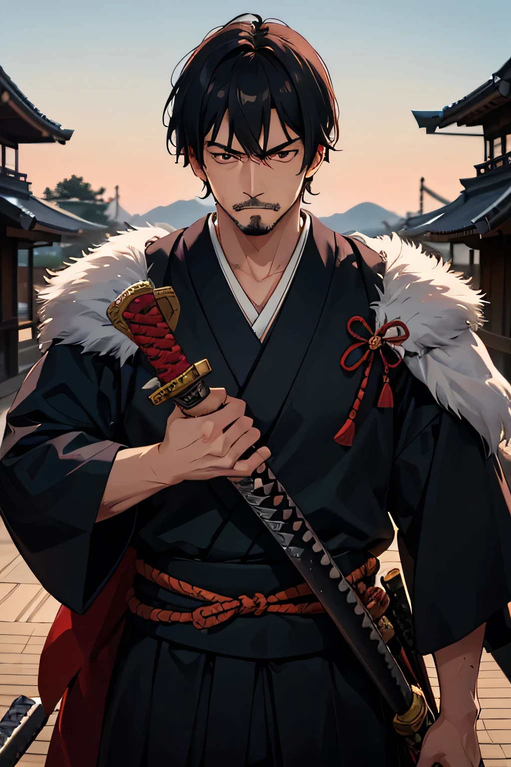 30 year old man, Japanese, black hair, shoulder length hair, thin mustache and thin beard, red eyes, muscular, dignified, a samurai, has a scar from a sword slash in his eye, an anti-hero, cold blooded, facing forward, wearing samurai armor, carrying a katana