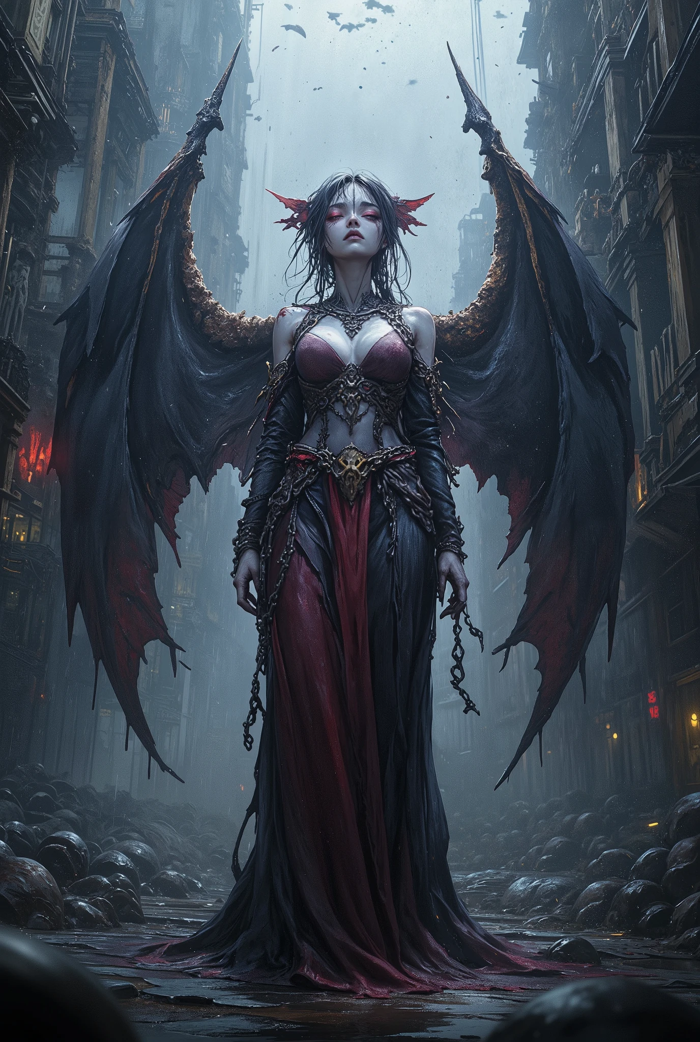 High Resolution, Masterpiece, Accurate, Anatomically Correct, Award Winning, Best Quality, HD, High Details, High Quality, Quality, Textured Skin, Super Detailed, UHD, From Below, 1girl, enermous bat Wings,rain, looking at sky, streetewear,Breasts, Large breasts, upper body, detailed face, detailed eyes,
