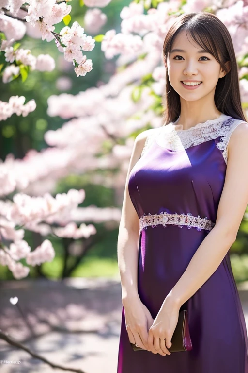 A beautiful 40-year-old woman wearing a snug-fitting light purple knit one-piece dress with a plunging neckline. up skirt. japan braless. lie on the grass
by the Cherry tree. smile