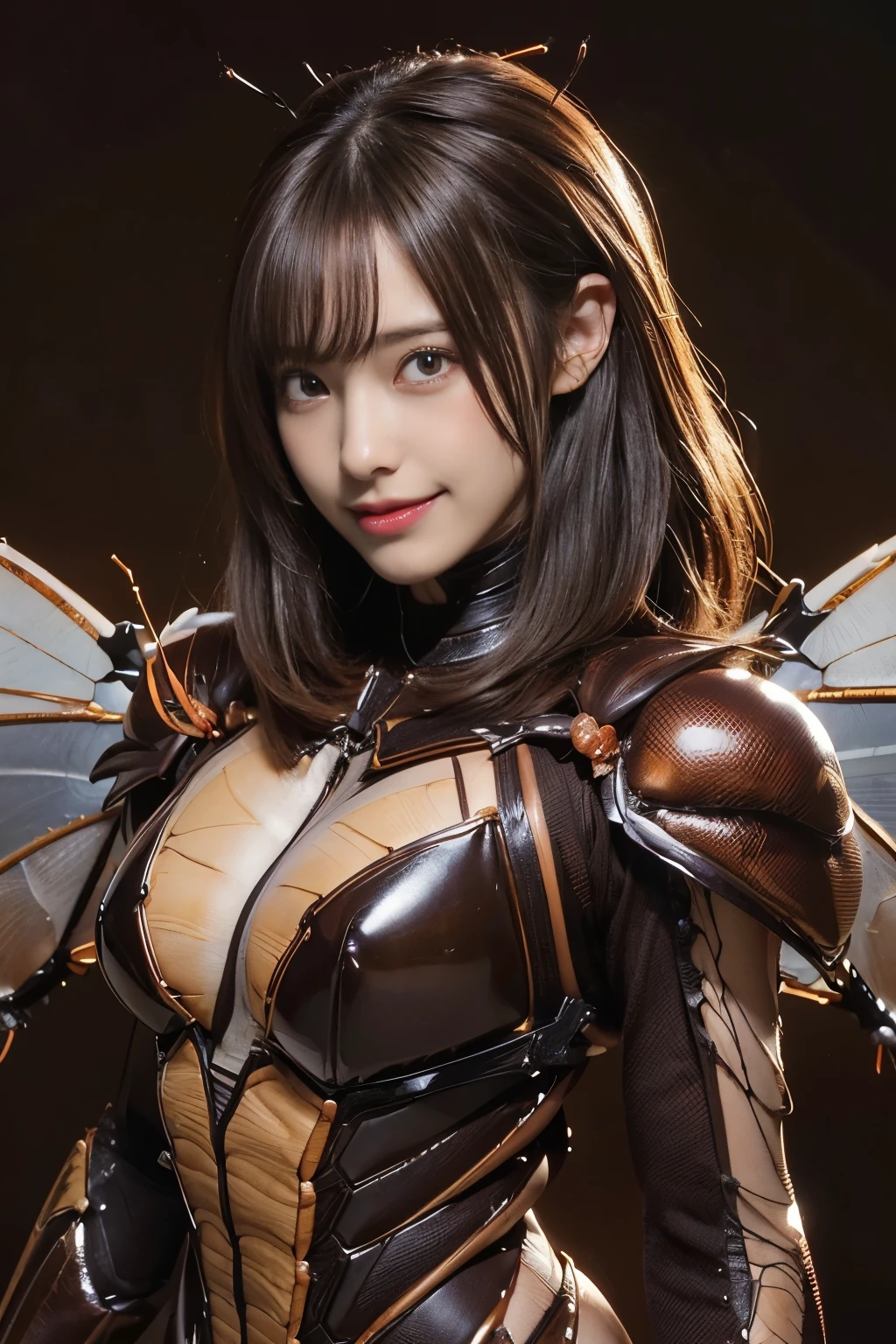 (high resolution,masterpiece,best quality,extremely detailed CG, anime, official art:1.4), realistic, photo, amazing fine details, all intricate, gloss and shiny,awesome many layers, 8k wall paper, 3d, sketch, kawaii, illustration,( solo:1.4), perfect female proportion,villainess, (fusion of dark brown cockroach and lady:1.4), (brown cockroach form lady:1.2), (brown cockroach lady:1.2), (fusion:1.2), (solo:1.4), (evil smile:1.2), muscular, abs, (cockroach brown exoskeleton bio insect suit:1.4), (cockroach brown exoskeleton bio insect armor:1.2), (brown transparency cockroach wing:1.4), (brown cockroach antennae:1.3),