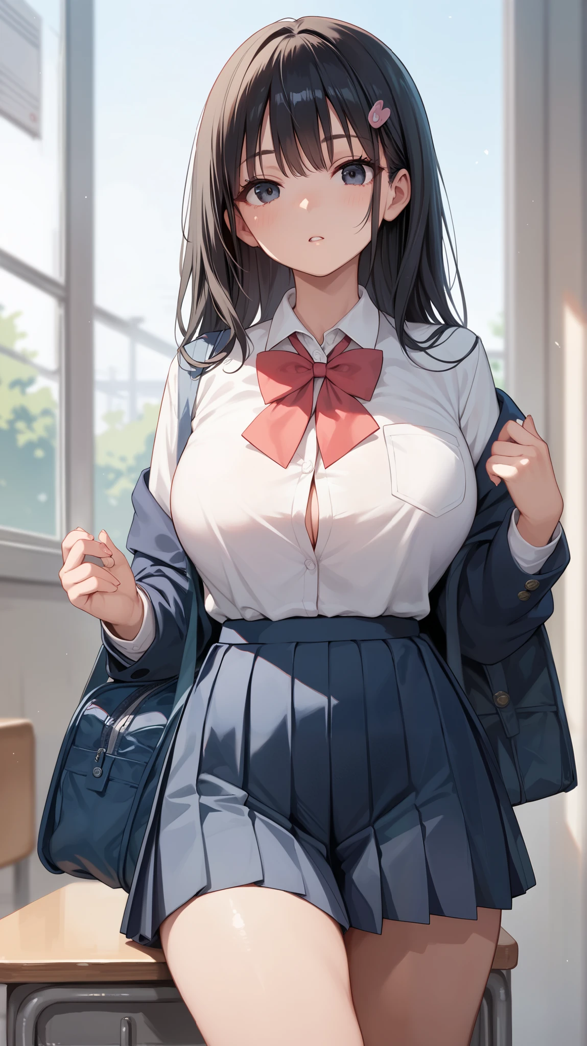 2 Cheerleaders, black hair, seductive smile, red eyes, in classroom, mind control by succubus. Seductive posture