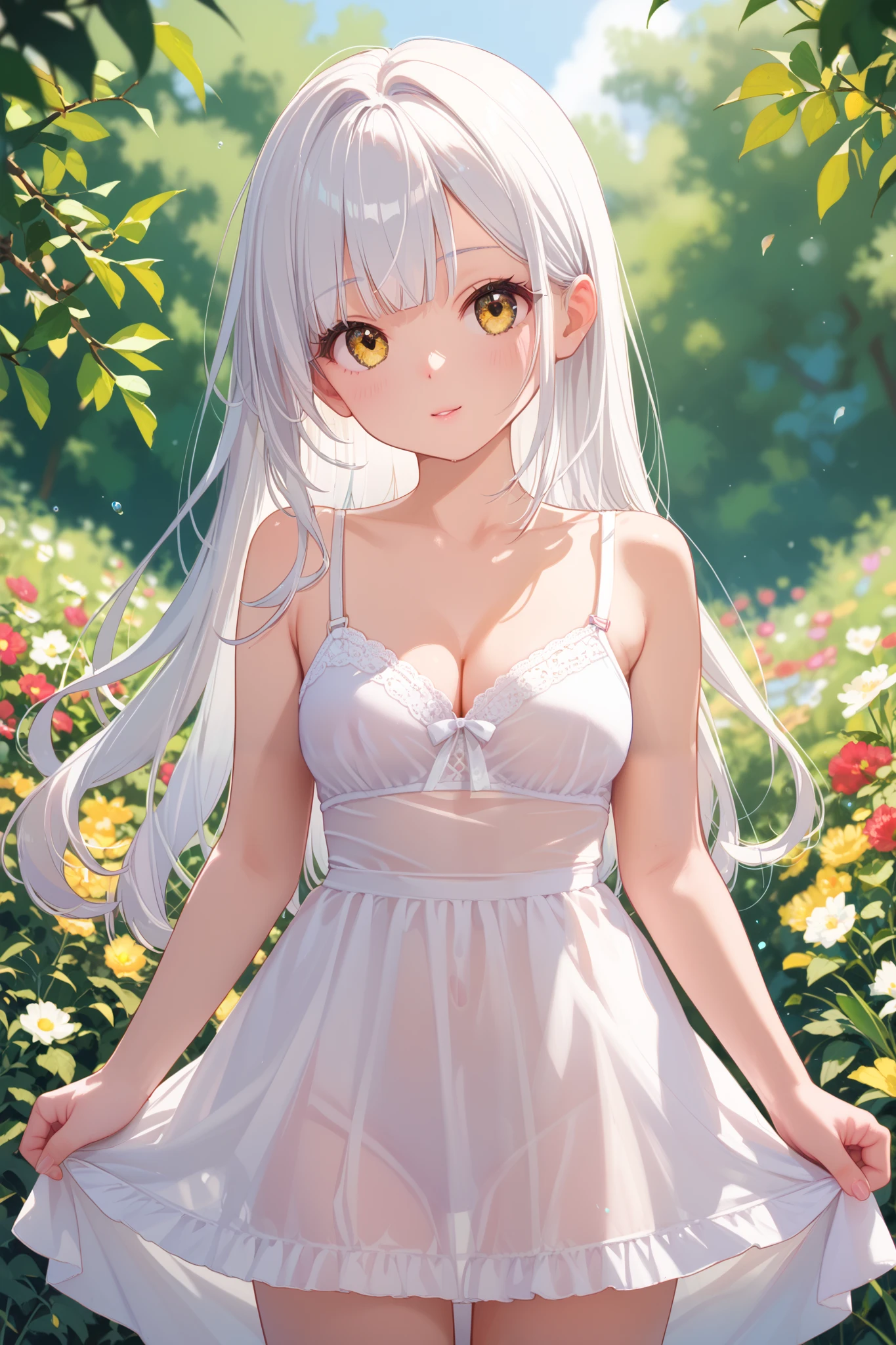 (best quality, high resolution, ultra-detailed:1.3), 1girl, solo, cute, beautiful face, (yellow eyes, white hair:1.3), long hair, smooth hair, silky hair, detailed eyes, vibrant colors, NSFW, cleavage, sundress, white dress, detailed fingers, standing, cowboy shot, seethru