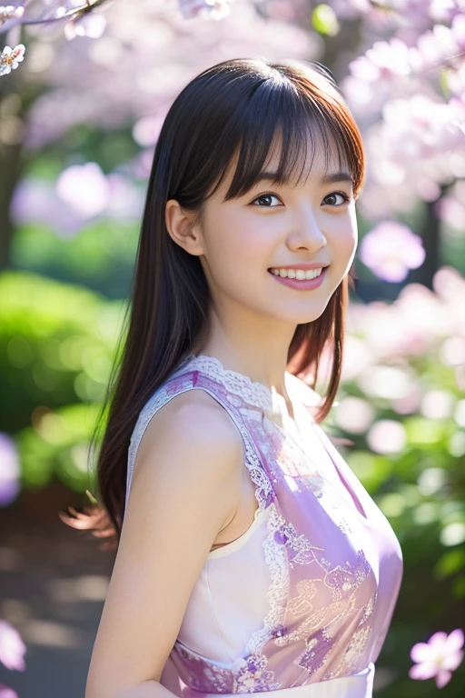 1 girl, a captivating young Japanese girl with a radiant smile, long straight hair cascading down her back and bangs framing her face, sparkling blue eyes, a straight nose, and soft white skin; tiny lips, a flat belly, long legs, and ergonomic hands and fingers, all contributing to a symmetrical and aesthetically pleasing body shape; she is relaxed, with her fingers gracefully at ease; dressed in a silky, shining dress that shimmers under the soft light, completing her look is a wizard's hat perched atop her head; the scene is set at dawn, with cherry blossoms blooming in the field, and a mountain