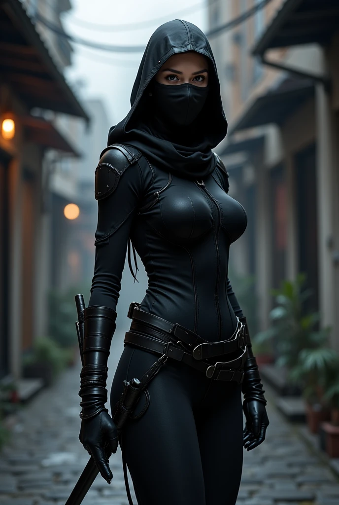 Make a character image.it's Marvel style of a woman in black soldier clothes and a balaclava that lets you see her amber eyes. She has thick thighs, big butt and the uniform she's wearing is like a military one, but black and spotless.