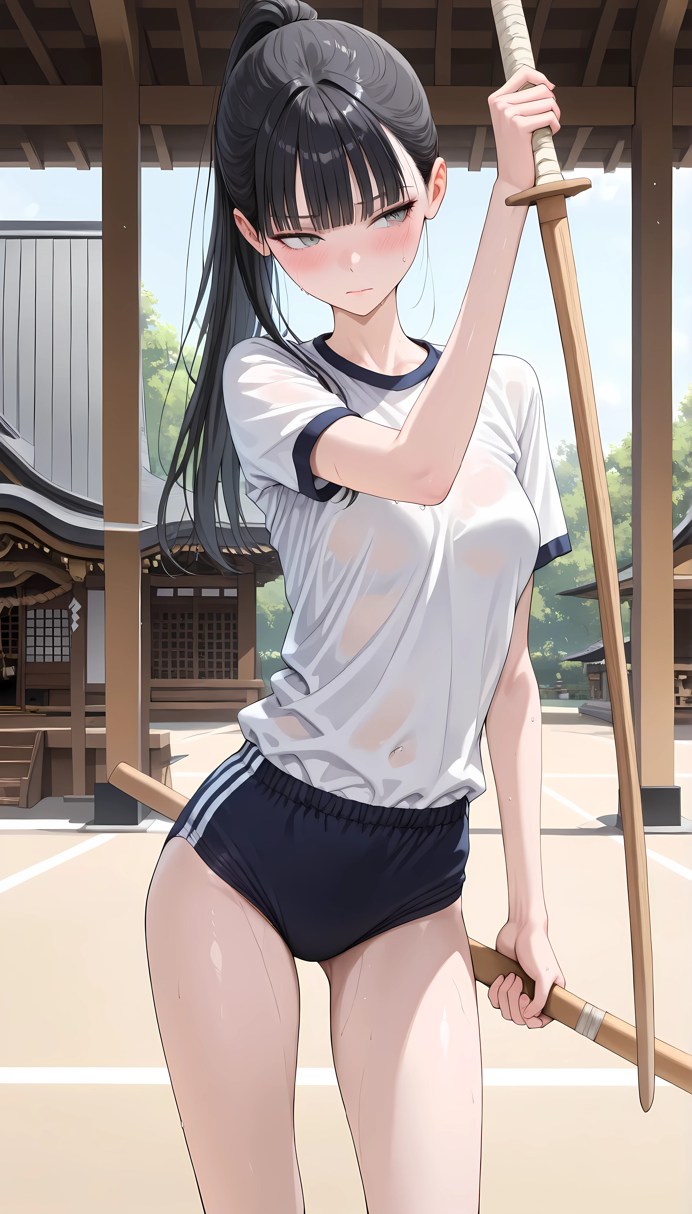 (masterpiece,best quality:1.2,amazing quality,very aesthetic,absurdres,newest,realistic),1woman,(adult:1.2),,(very small head:1.2),medium breasts,(ideal ratio body proportions:1.2,slender body:1.2,skinny:1.2),high ponytail,long hair,black hair,blunt bangs,gray eyes,blush,sweat,white T-shirt,school gym dark blue buruma,(Holding a wooden sword 、In training,fighting pose), action pose , dynamic angle、shrine,