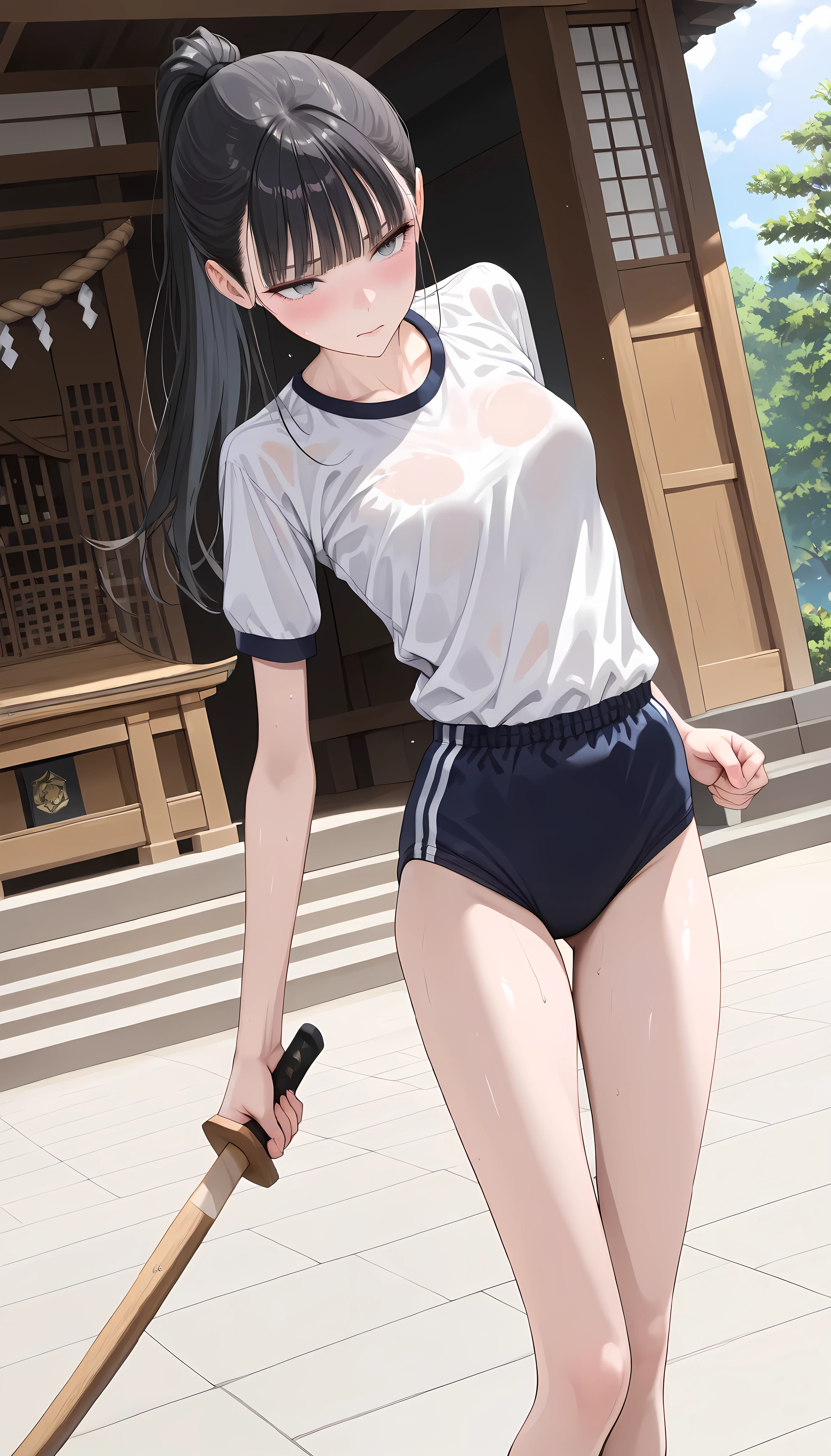 In a dim, shabby wooden house、His hands were tied behind his back with a rope.、Wearing a school swimsuit with a vertically torn chest、A beautiful girl in her late teens with black hair and red eyes, one breast visible.