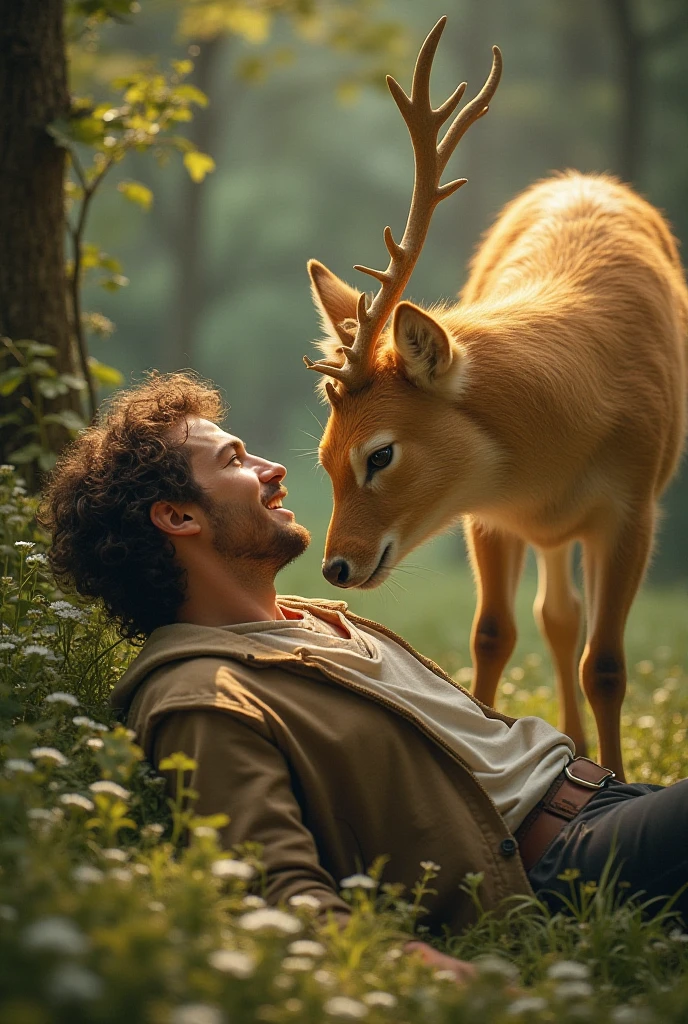 Black haired, unshaven man in love with a doe