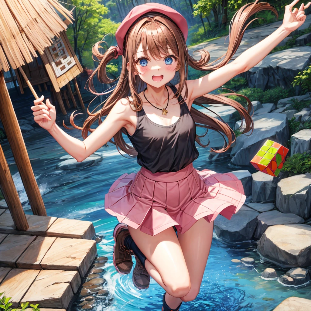 4K、((focus on the face)), (full body shot, Full body photo including face), ((Cute symmetrical face))、Beautiful woman、25 years old、slender body、(small butt、thin thighs)、off shoulder、Box Pleated Skirt、(high heels、stockings、anklet)、I could see the whole body、head to toe photo、small earrings、necklace、Face the viewer in front、The subject is far away、shallow depth of field、wide angle focal length、upward glance、Moment of jump、((Mario Jump))、floating in the air、Falling、Vibrant photos、Shoot with focus on the face、Biologically correct number of limbs、correct hand drawing、high angle、realistic pictures、non-fantasy、(many balloons flying)