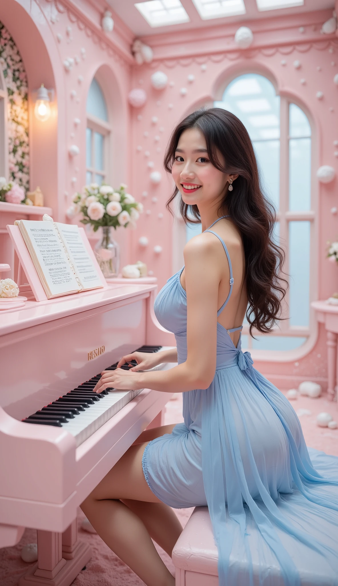  A 20 year old Japanese beauty uses chocolate in a candy house、Biscuit 、Playing the piano inside a dream house built by marshmallows。A grand piano， artistic photography ,Panoramic lens,  High Angle Shot 。 slender calves ,  Huge ,Clear Cleavage ,Smile,  tall, long hair ，Five slender fingers。Light Blue Sleeveless Off-Breasted French Nejime Dress ,。 Ultra HD、 high image quality 、  realistic style 