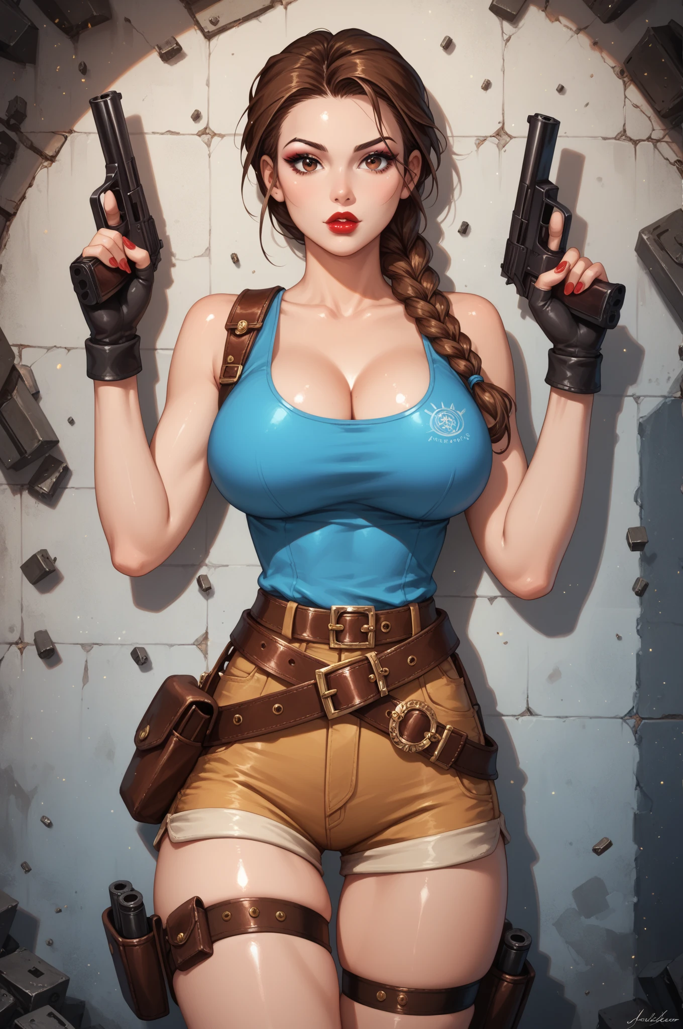 animetoreal,soft light, masterpiece, best quality,high quality,delicate face, realistic,photorealistic,1girl,,tomb_raider, lara_croft, 1girl, black_gloves, blue_tank_top, braid, breasts, brown_eyes, brown_hair, brown_lips, brown_shorts, cleavage, fingerless_gloves,gloves, holding gun, holster, large_breasts, leather_shorts, long_hair, shorts, single_braid, skindentation, sleeveless, tank_top, taut_clothes, thick_eyebrows, thigh_holster,wet,restaurant