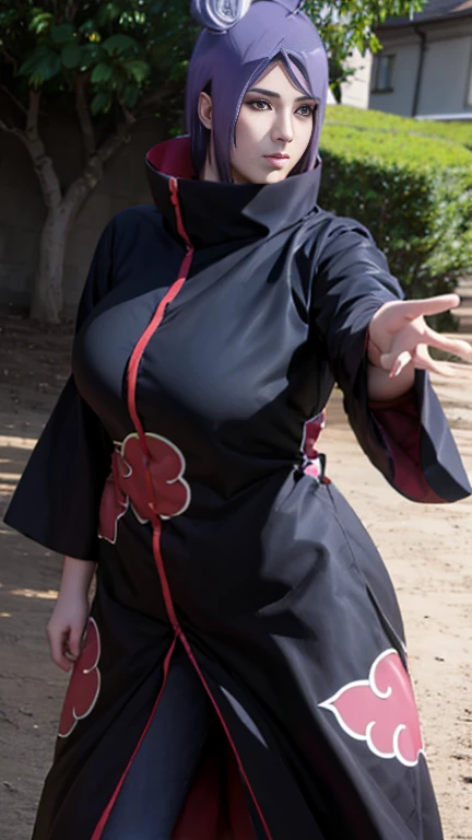 masterpiece, best quality, 1girl, solo, detailed skin, detailed face, perfect face, perfect anatomy, epic lighting, looking at viewer, collarbone, akatsuki outfit, black cloak, long sleeves, robe, black coat, full body, slippers, ninja, <lora:akatsuki:0.6>, Forest background, (dynamic posture:1.1), mask, <lora:TAKAMORI_HARUKA:0.6>,