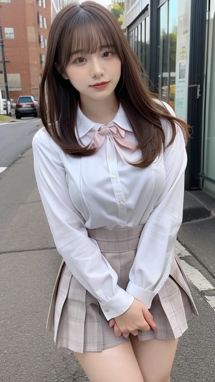 High school girl in pink miniskirt in white shirt