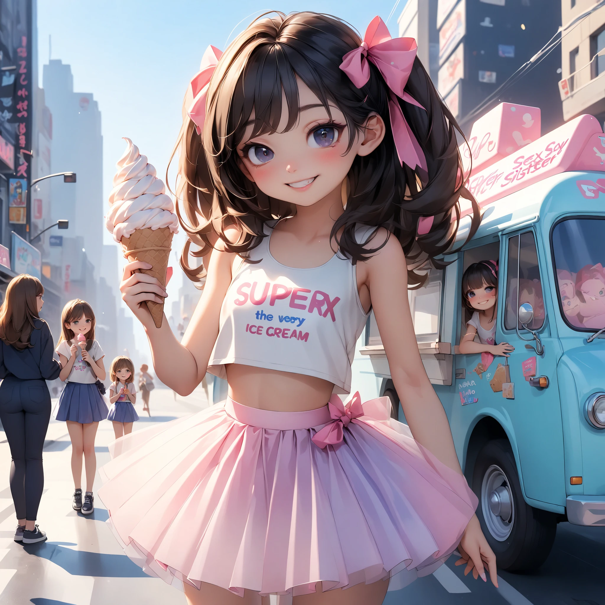 Most beautiful girl in the world, s , in the city, Buy ice cream at the ice cream truck , cropped white top, with the inscription "super sexy" , short tulle skirt, friendly girl, ((On the hand of her sister, s )), She is very happy about the ice cream, UHD, masterpiece, best quality , best anatomy, Special Details , 8k
