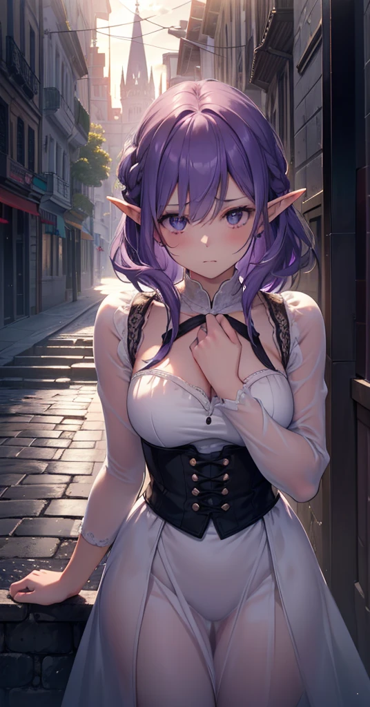 (masterpiece, best quality:1.5), (ultra detailed, high resolution, 8k, beautiful detailed, UHD, best anatomy), 1 cute elf, purple hair, small breasts, business shirt, Flared skirt, Rain soaked my whole body and clothes, Wet from the rain, her underwear is showing through, A troubled expression, outdoors, taking shelter from rain, Bra