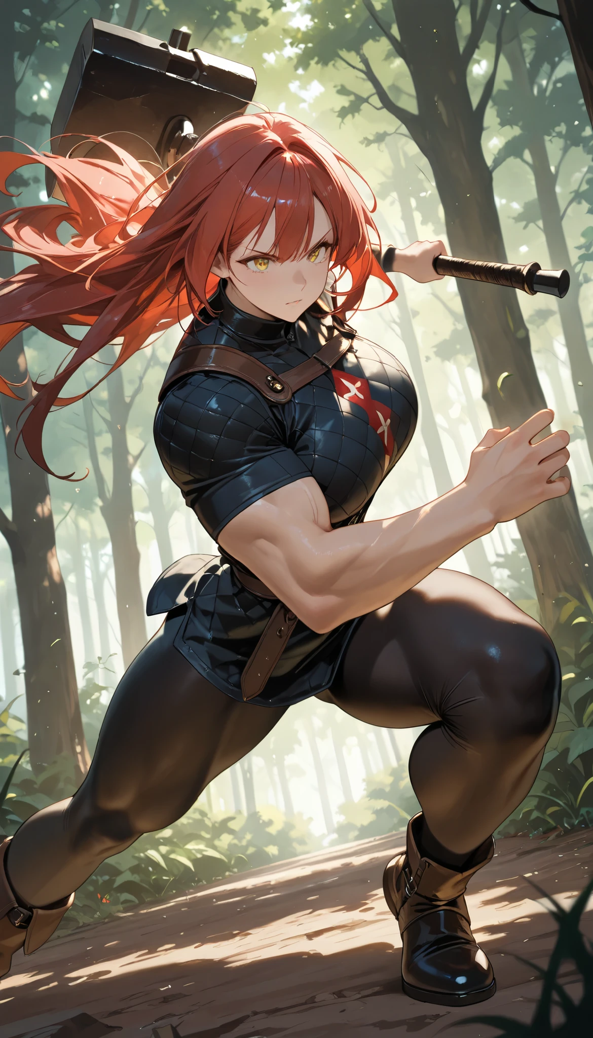 sfw, masterpiece, Best Quality, High resolution, detail hands, detail fingers, detail face, detail leg, perfect lighting, (1girl, solo, detail girl, 20years old girl), cute girl, (red hair, long hair, yellow eyes, large breast), (gambeson, aketon, padded jack black shirts, black pantyhose, with hammer), (fantasy, forest, battle, knight), (7 feet tall), (muscle:2.0, muscular:2.0), (dynamic angle, dynamic pose)