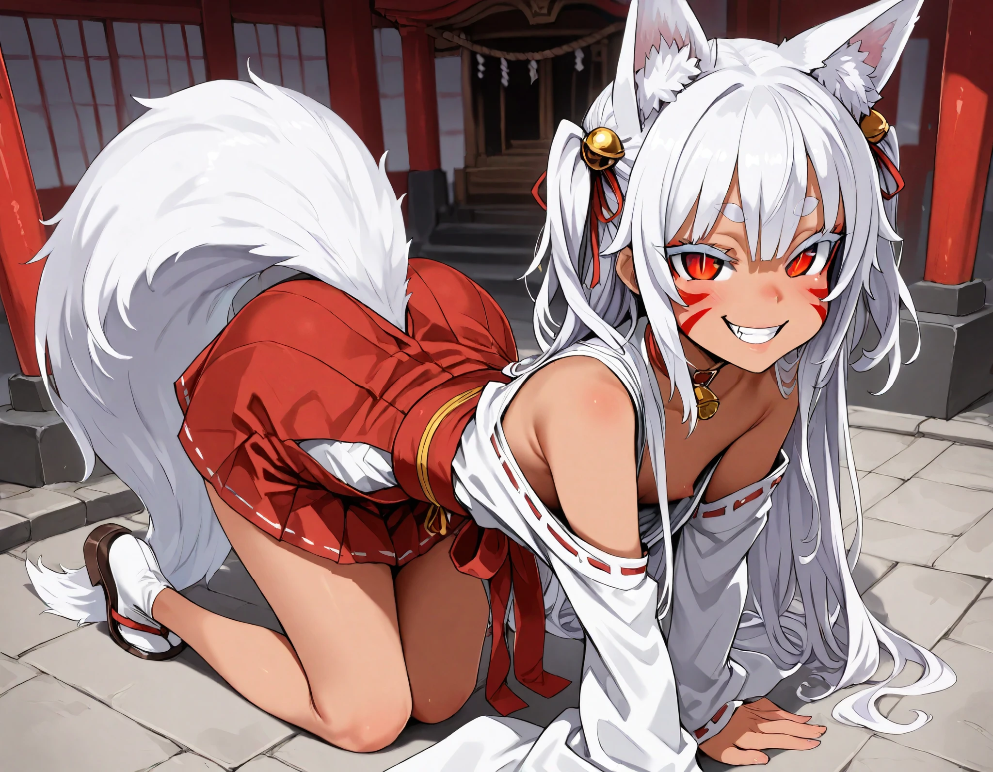 (best quality, highest quality:1.2), masterpiece, Ultra-high resolution, rich contrasts, HD, 8k, fine skin, no makeup, ideal ratio body proportions, from behind,
1girl, anime girls, asanagi style, mesugaki, dark skin, tan, red eye, slit pupils, ((white fox ear, white fox tails)), Wicked Smile, evil grin, fang,
very long two side up, white Hair, thick eyebrows, red highlights hair, Hair ribbon bell, bell choker, bimbo, ((dim body)), flat_chest, (facial mark),
nontraditional miko, bare shoulders, miko, red obi sash, red short skirt, skirt cutout, shirt in, downblouse, on all fours,
looking at viewer, lewd, cute, big eyes, ero, ecchi, Sitting with Knees Up,
Score_9,Score_8,score_7_up,source_anime, rating_questionable, shrine,