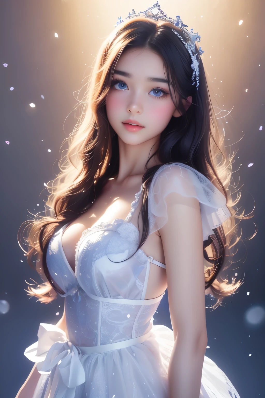 High-quality work,Realistic works,Super premium graphics,8K HD CG works,high quality graphics,High-definition and exquisite CG works,10x pixels,Ultra-fine details:1.1,Advanced technical details:1.1Realistic photo effects,Interior lighting effects:1.5,natural soft light:1.5. Light effect(Virtual light effects:1.8),Ultra-high resolution,shining dress,sliver long hair,silber hair,transparenthair,high detailed hair(Quality hair details:1.1)Clear eyes,Double eyelids look good,Sharp eye makeup, Create exquisite eyelash makeup, tthin eyebrows, Ultra-detailed eyes,a tall nose, lovely red lips, rosey cheeks, With delicate makeup on her face , pretty face, The face shape is perfectly proportioned,(Advanced facial details:1.1)4K Ultra HD, Masterpiece, A girl with a magical aura, Good face, Long hair, shinny hair, Detailed eyes, Glossy lips, blue ta costume, (bare waist), The aura around the body, Magical effect, Spread white light, Cosmic elements and ethereal atmosphere, A mix of bright lights and colorful nebulae, universe background, Perfect body,,Women's artwork,Dress full body video,Reality,Amazing Cleavage,My eyes are very bright today