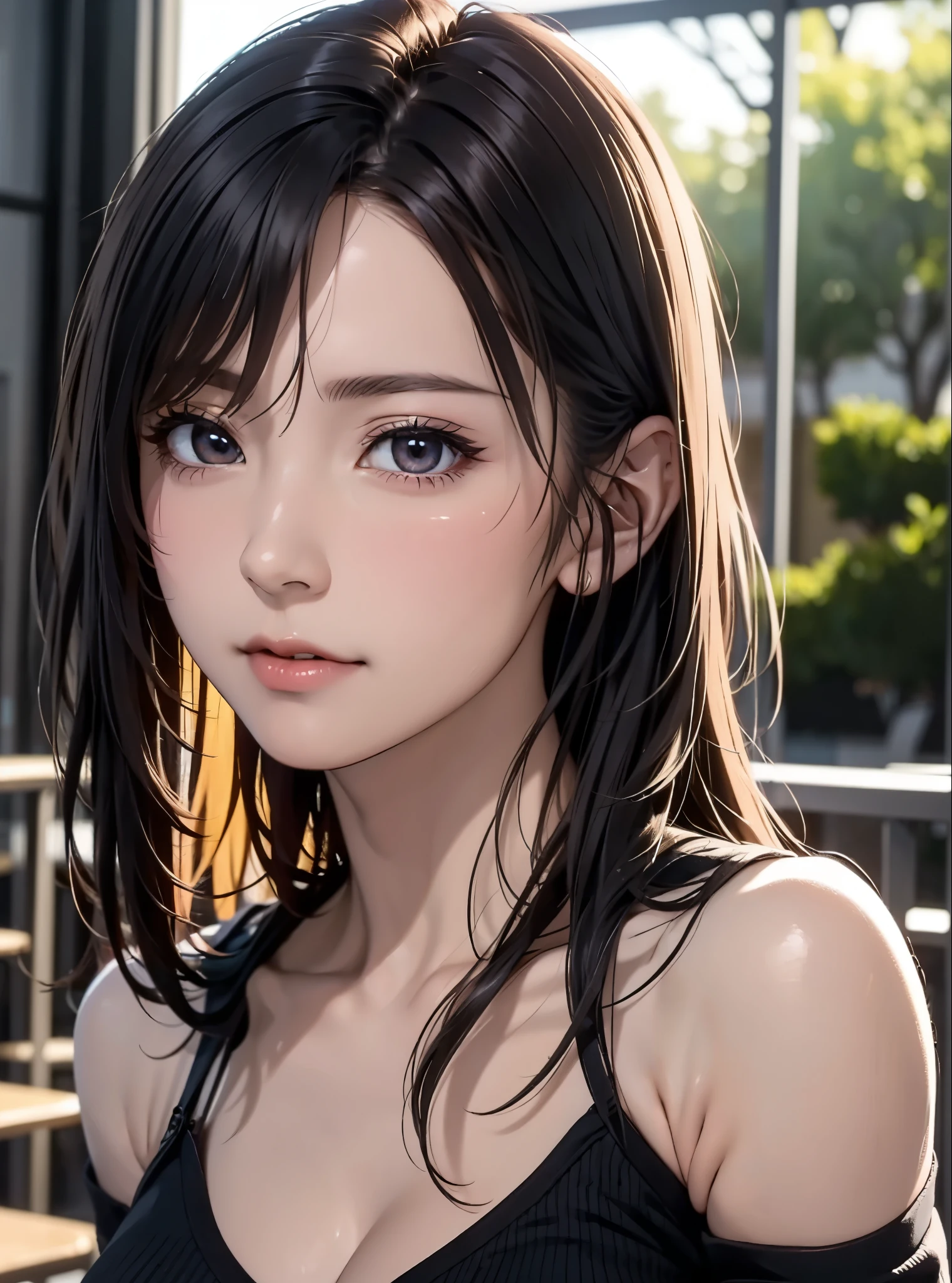 (in 8K, top-quality, masterpiece:1.2), (realisitic, Photorealsitic:1.37), ultra-detailliert, Natural sunlight, mideum breasts, I can see the cleavage, 1 persons, 25 year old woman, Dark hair, Pendants, Torn shorts, Light Knit V-Neck Shirt, At the time of performance, extremely detailed face and skin, A detailed eye, extremely detailed face and skin